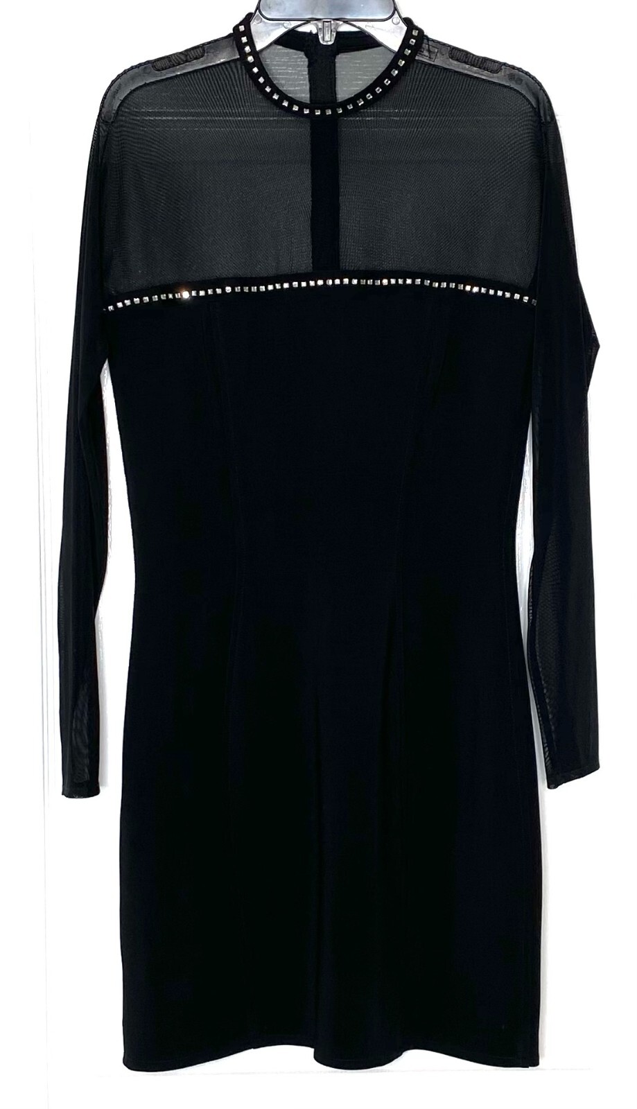 TADASHI Black Sheer Illusion Mesh Long Sleeve Rhinestone Crystal Dress M = 8/10
