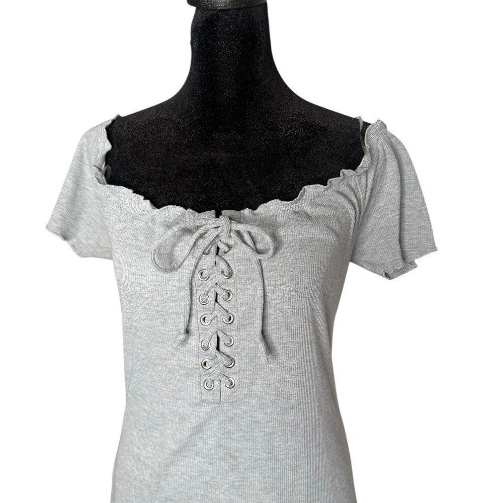 Off Shoulder Lace Up Ribbed Mini Dress L Gray Balletcore Fairycore Cottagecore