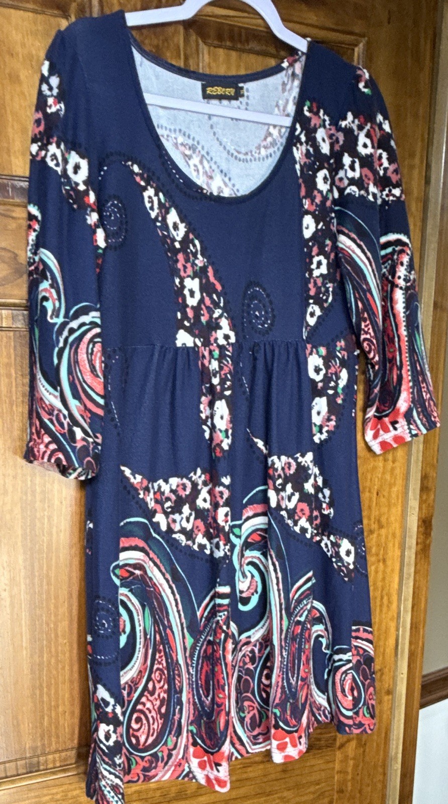 Reborn XL Navy Paisley Knit Fit & Flare Dress Pleated Scoop Neck 3/4 Sleeve knee