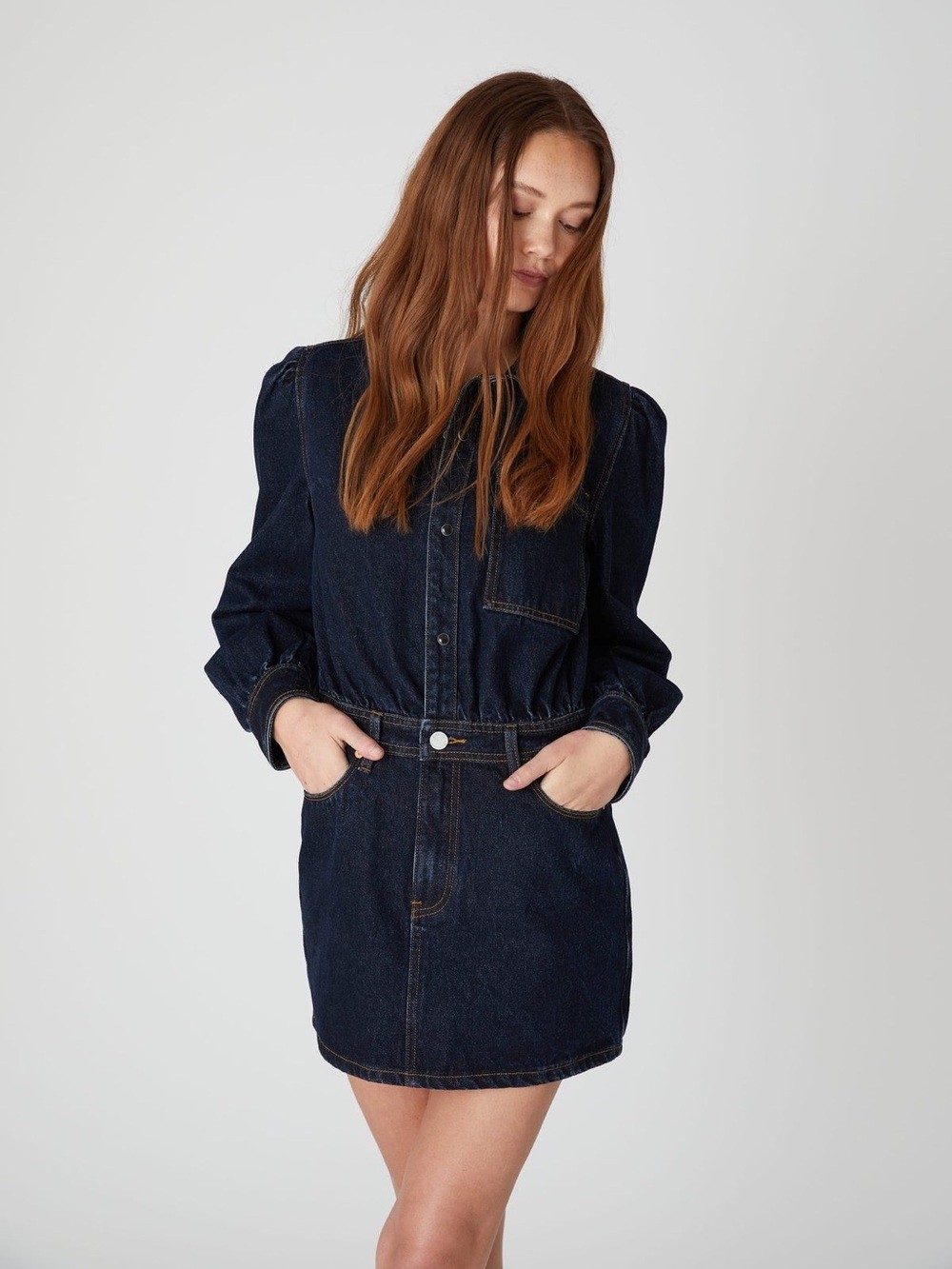 BlankNYC Deep Down Dress in Dark Indigo Wash With Long Puff Sleeves Size Medium