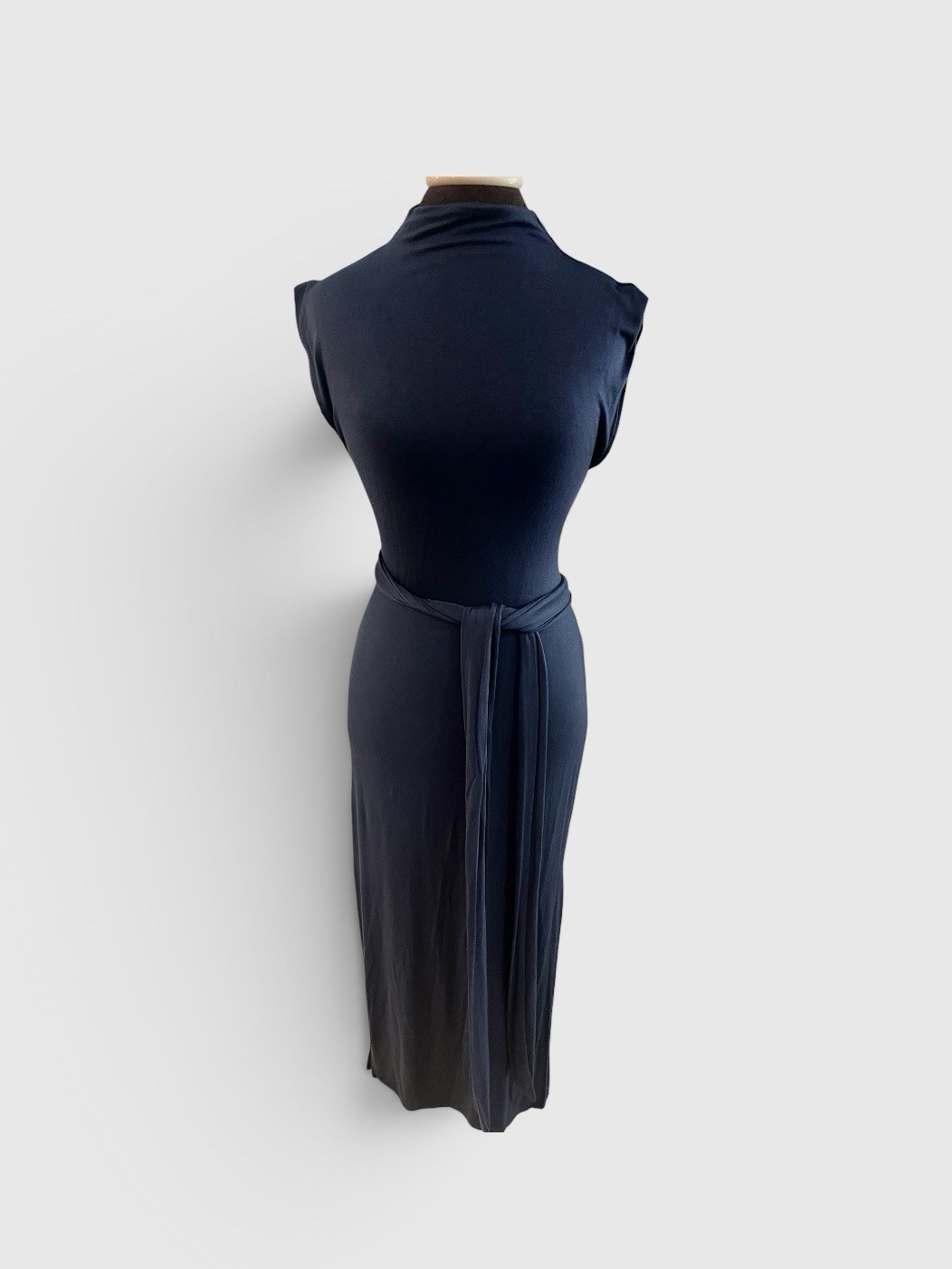 Modern Citizen Blue Mock Neck Tie Waist Column Maxi Dress Minimalist Capsule M