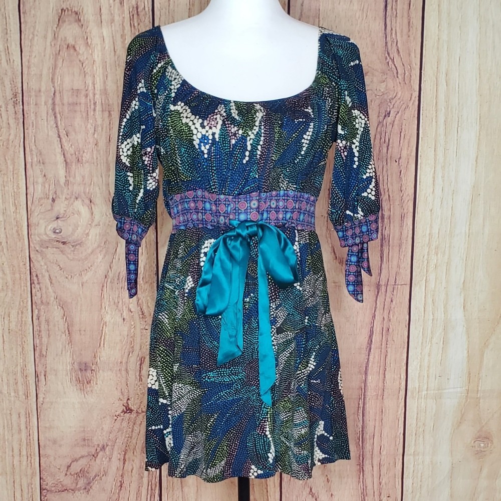 Joseph 100% Silk Mini Dress UK 8 M Blue Green Print Tie Waist Made in China