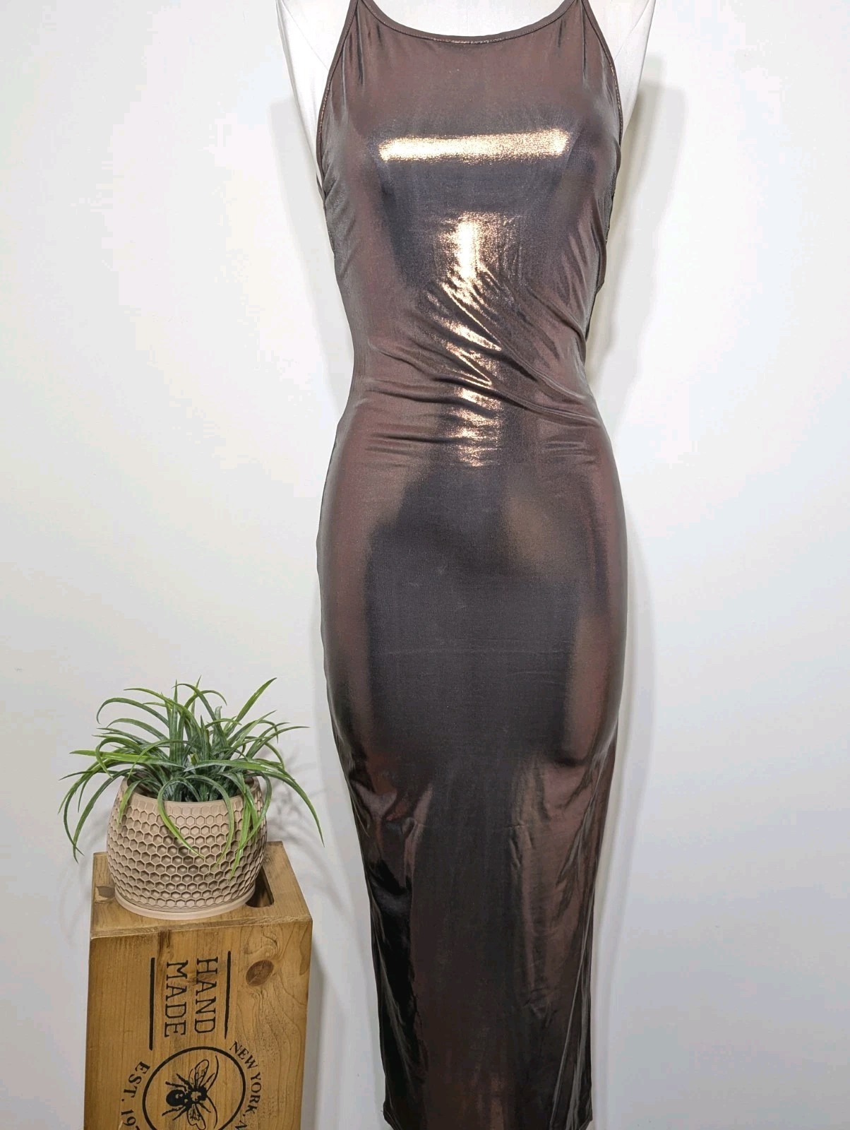 Metallic Bronze Slip Dress Small Bodycon Y2K Night Out Glam