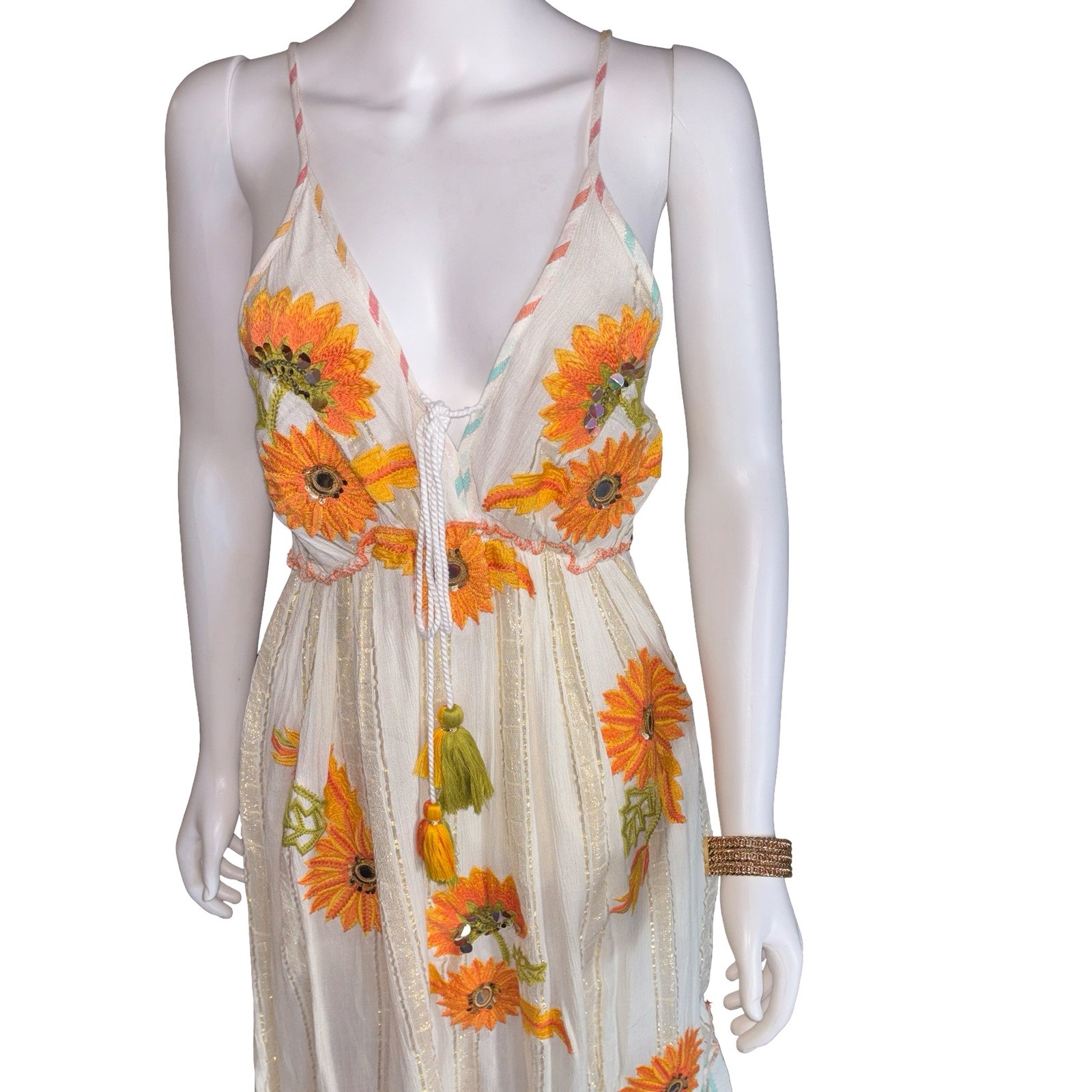 Boho Sunflower Embroidered Maxi Dress Gold Lurex Stripe Tiered Tassel White