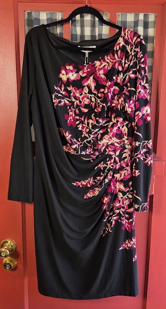 Kasper Women’s Classic Black Pink Multicolor Floral Midi Dress Size XL NWT