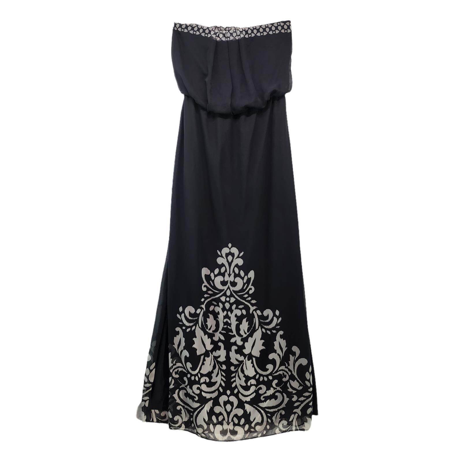 Womens Strapless Maxi Dress Chiffon Blouson Black White Ethnic Print Size 0