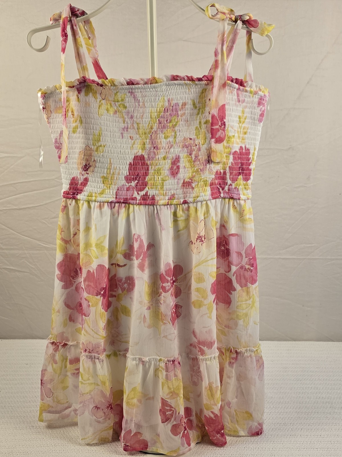 Trixxi White Pink Yellow Floral Smocked Tie Strap Ruffle Sundress XL