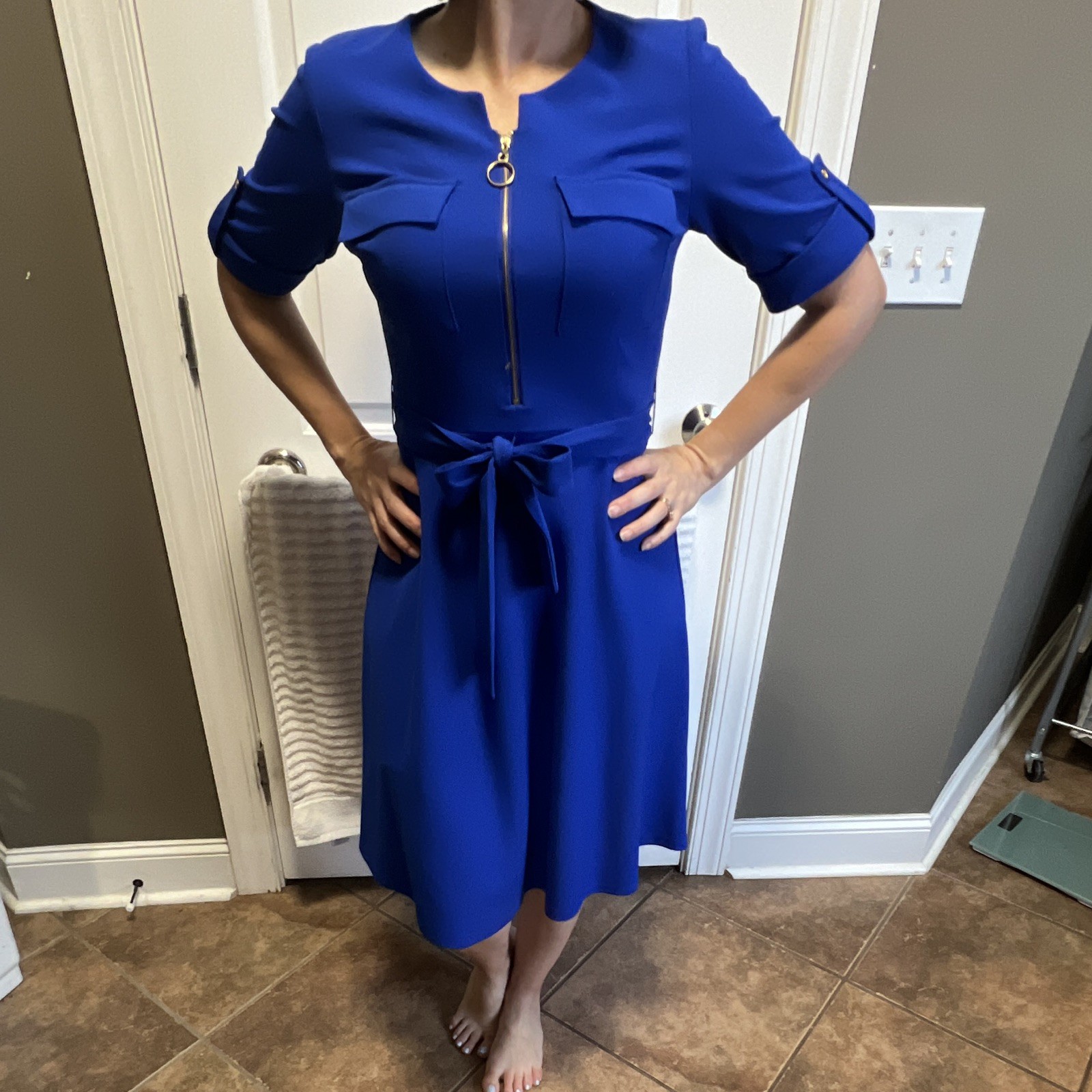 Shelby & Palmer Women’s Blue Solid A-Line Dress Round Neck 3/4 Belted 6