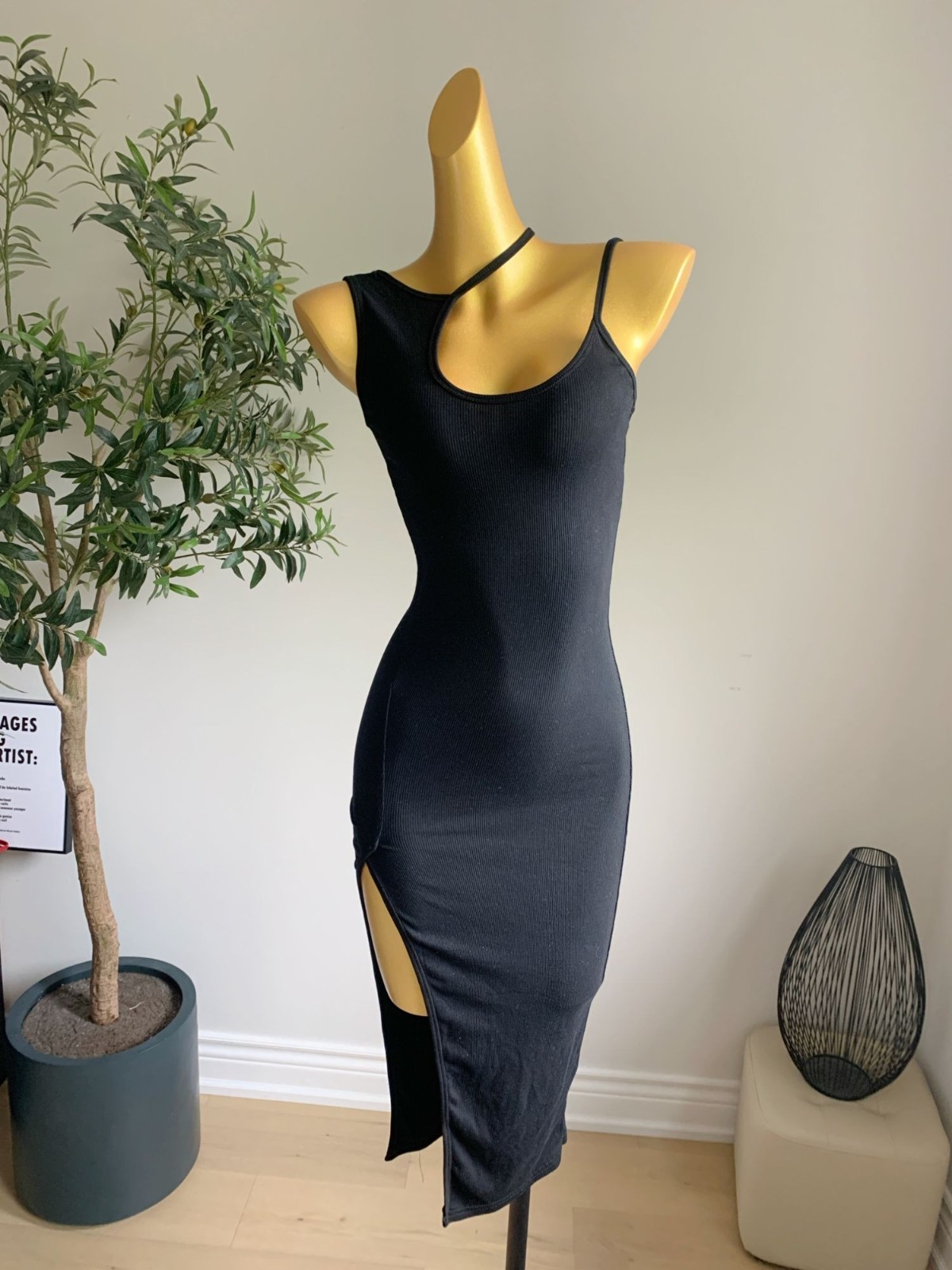 Black Ribbed Asymmetrical Bodycon Midi Dress Side Slit S