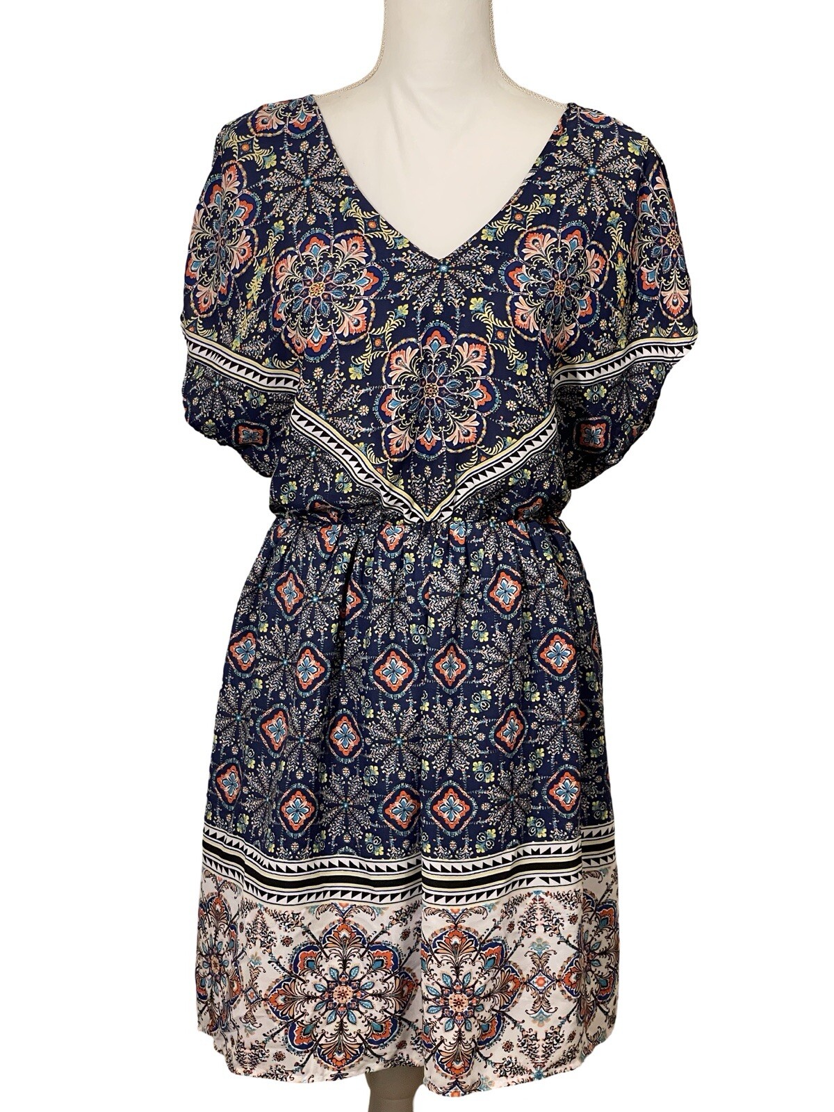 RED CAMEL Multicolor V Neck Short Sleeve Elastic Waist Lined Dress Womens Size L