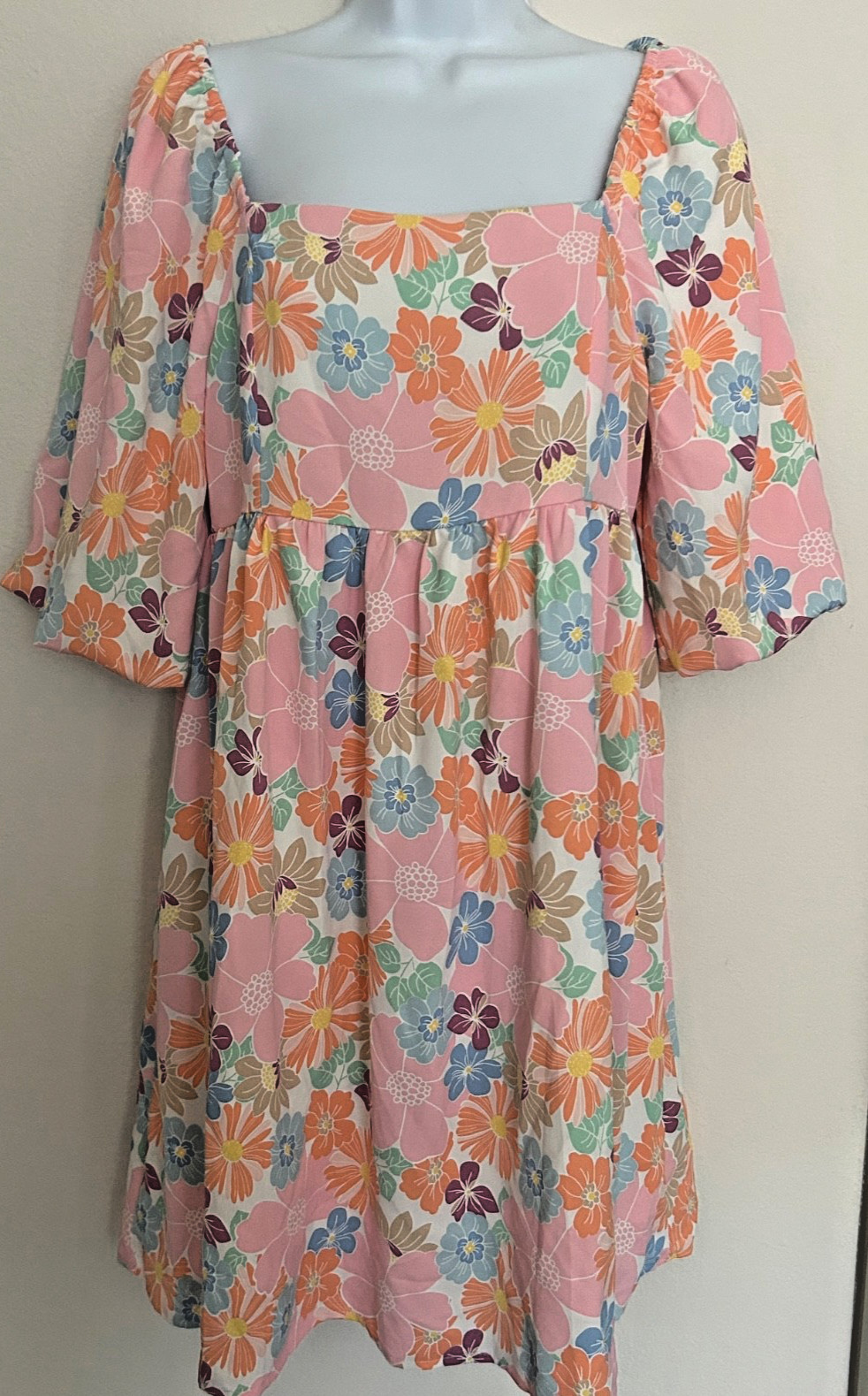 Mini Dress Pink Summer Floral Square Neck Babydoll Short Puff Sleeve Women’s Med