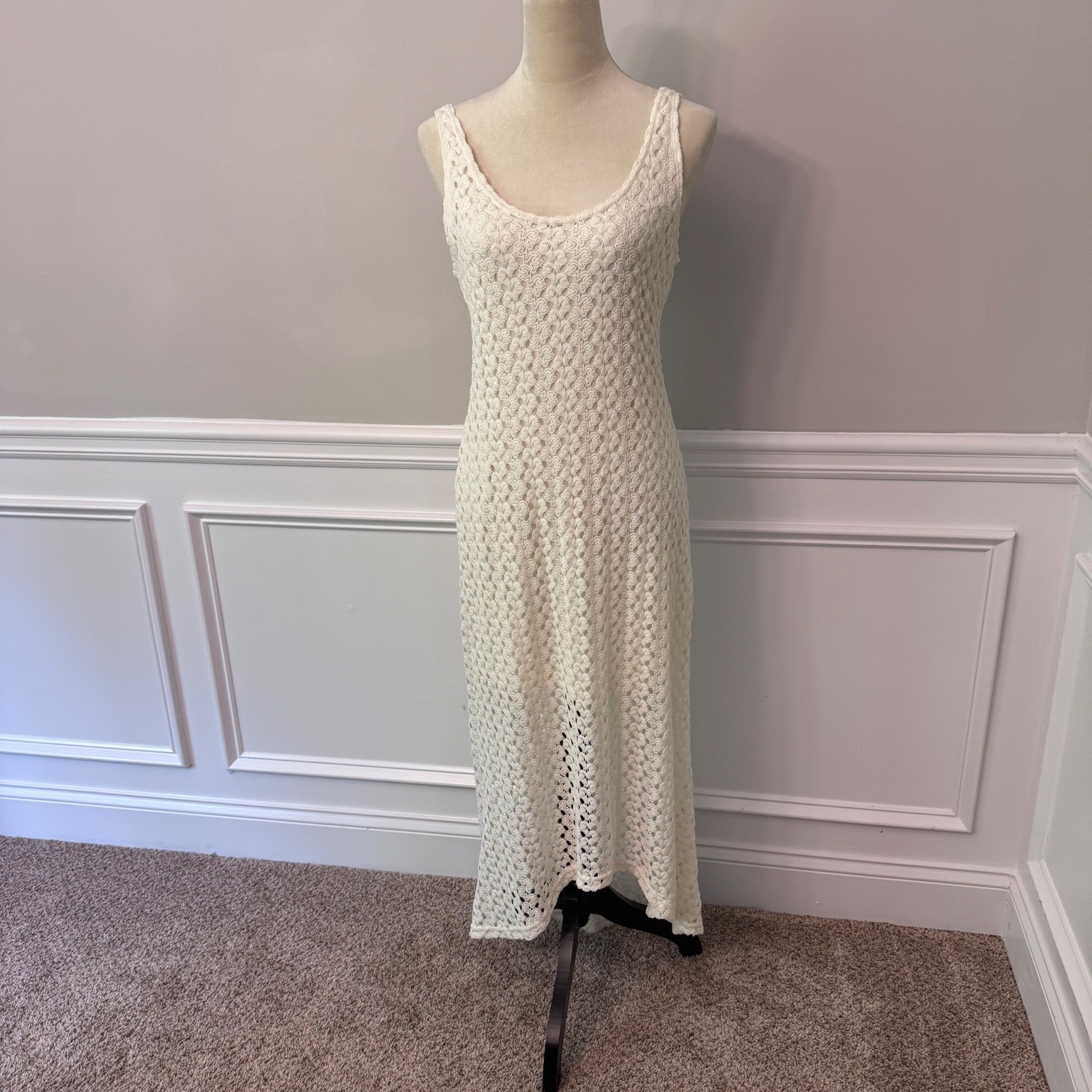 Y2K Cream Crochet Cottagecore Maxi Earthy Boho Sleeveless Scoop Neck L