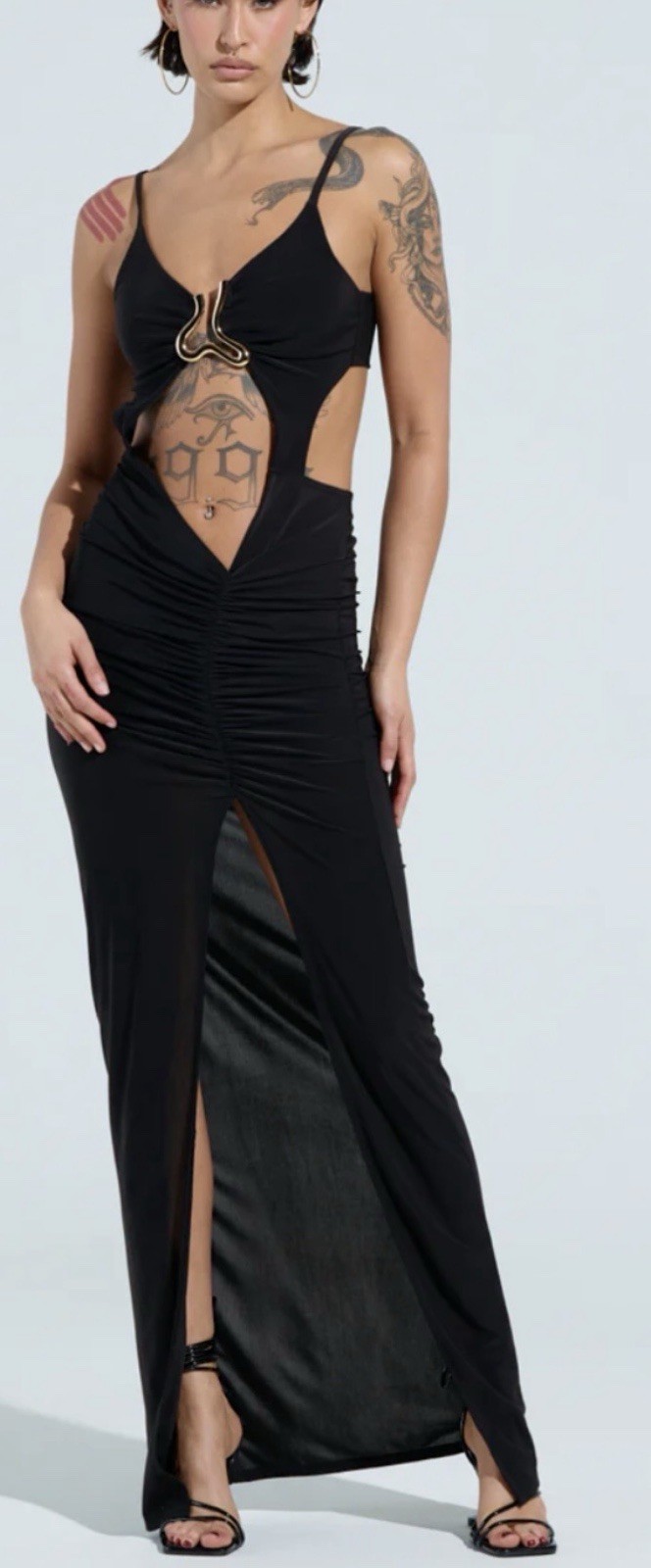 NWT AKIRA Black slinky Cutout Maxi Dress with Ring Detail size L