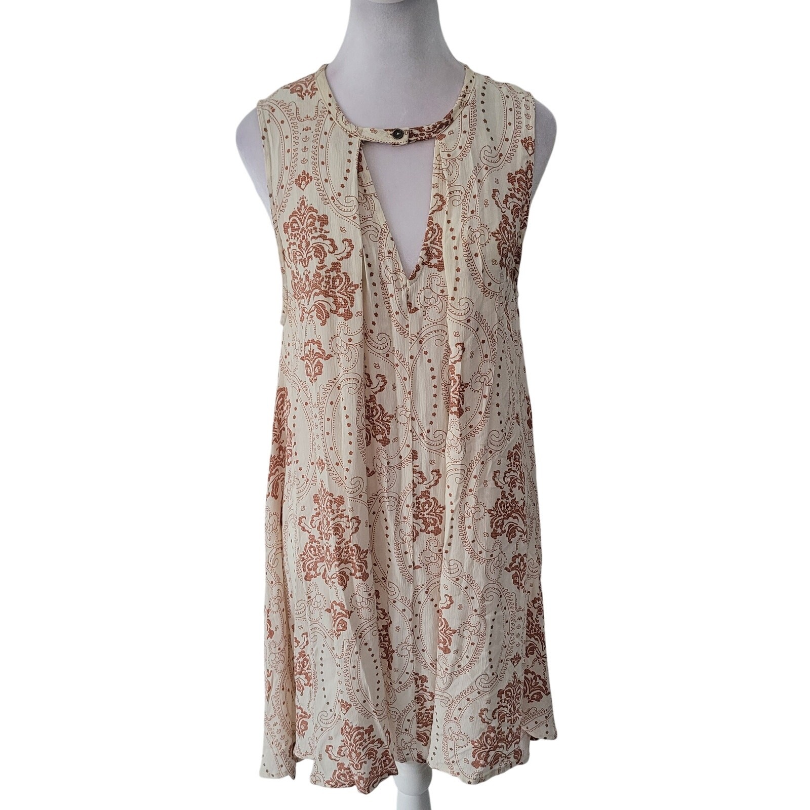 Audrey 3 + 1 Size S Cream Brown Fleur de Lis Print Shift Dress Boho Retro