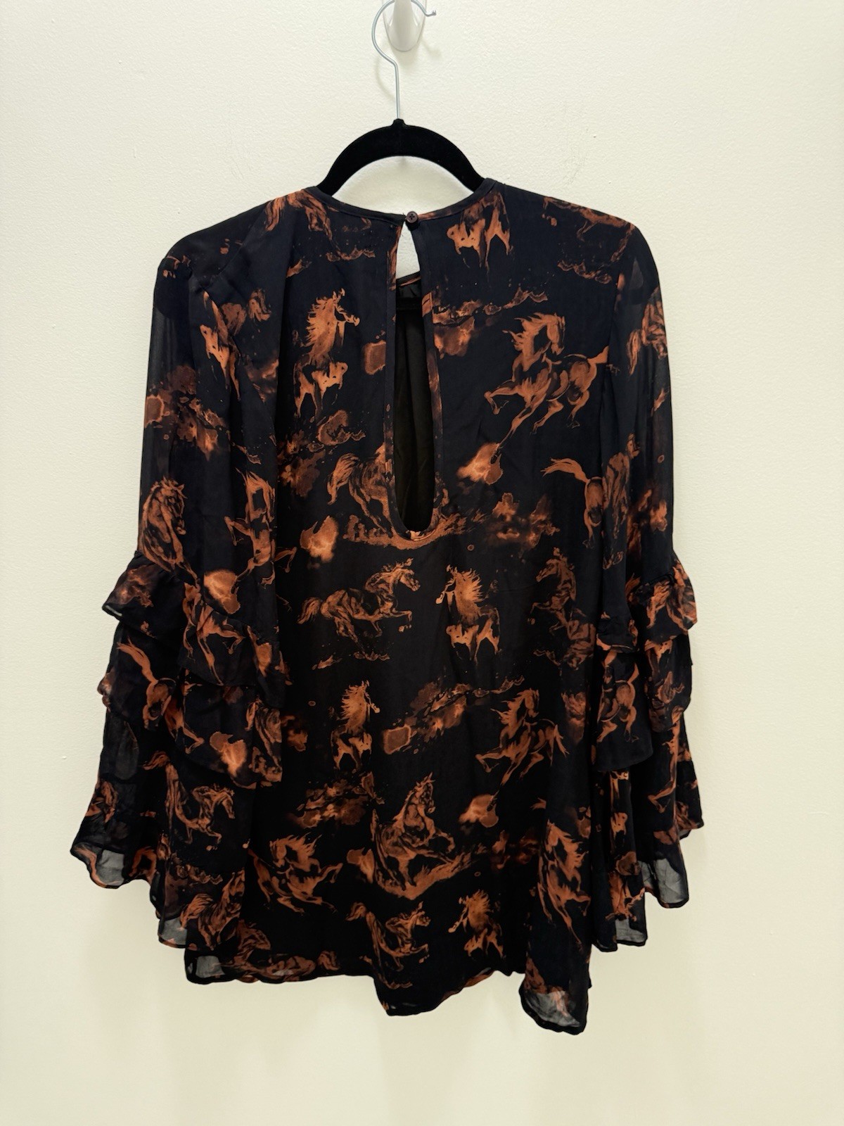 Nasty Gal Stallion Horse Print Ruffle Bell Sleeve Mini Dress Black Rust US 8