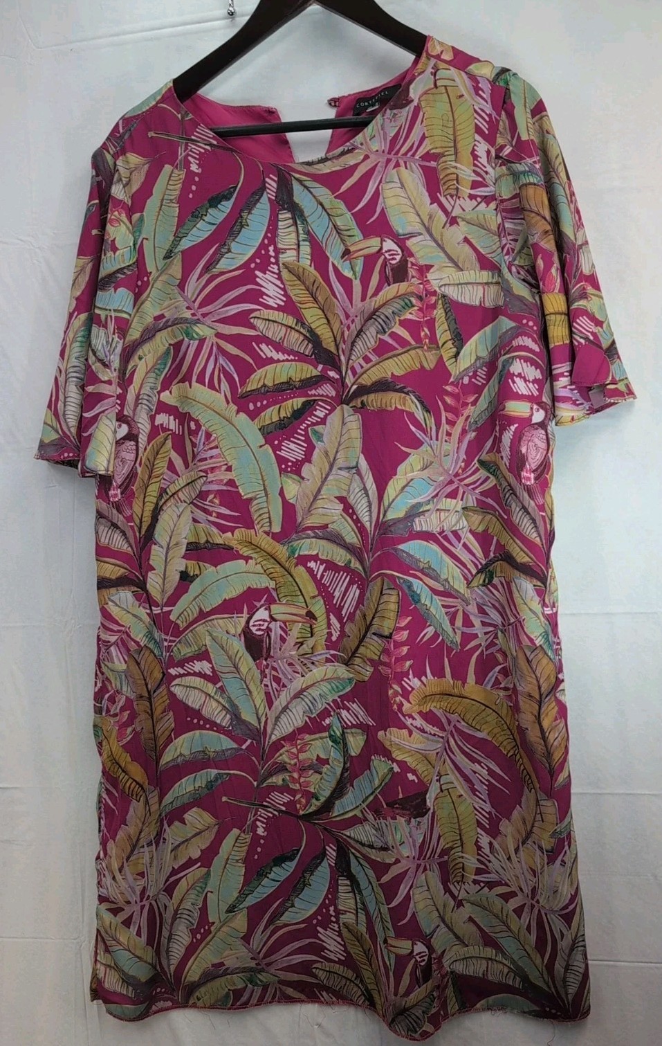 CORTEFEIL Shift Dress Lined Women’s Size XL Tropical Toucan Print Multicolor Pin