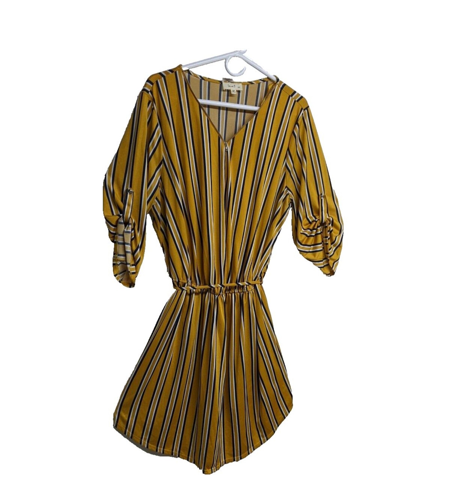 LoveJ Dress Women 2X Striped Elastic Waist Tunic Mini A-Line Zipper Trim Yellow