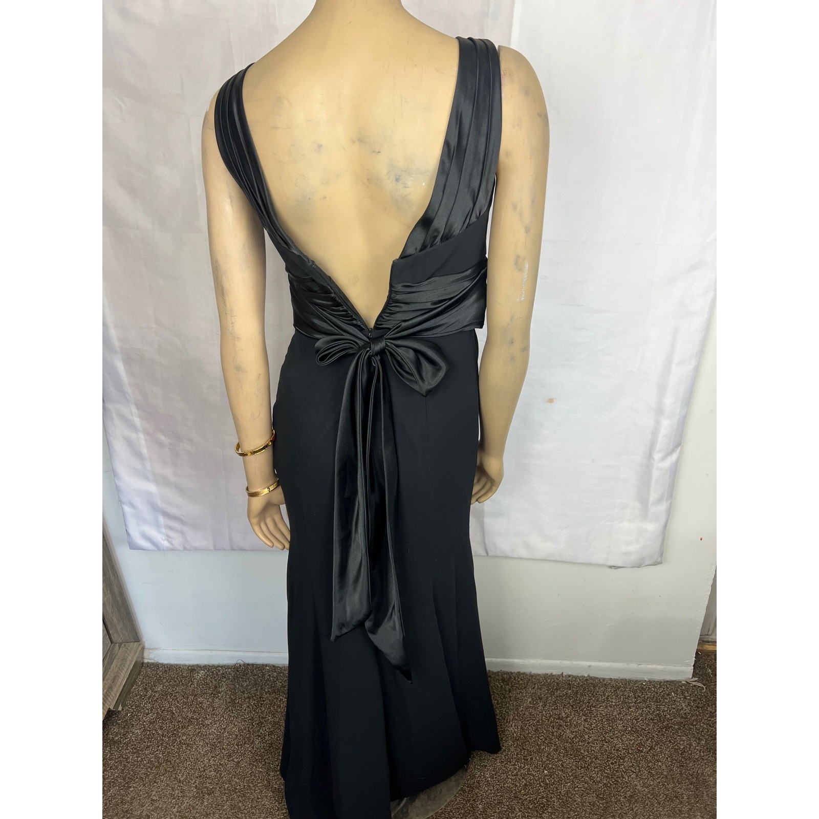 Formal Black High Neck Open Back Evening Gown with Satin Bow Detail Floor Length