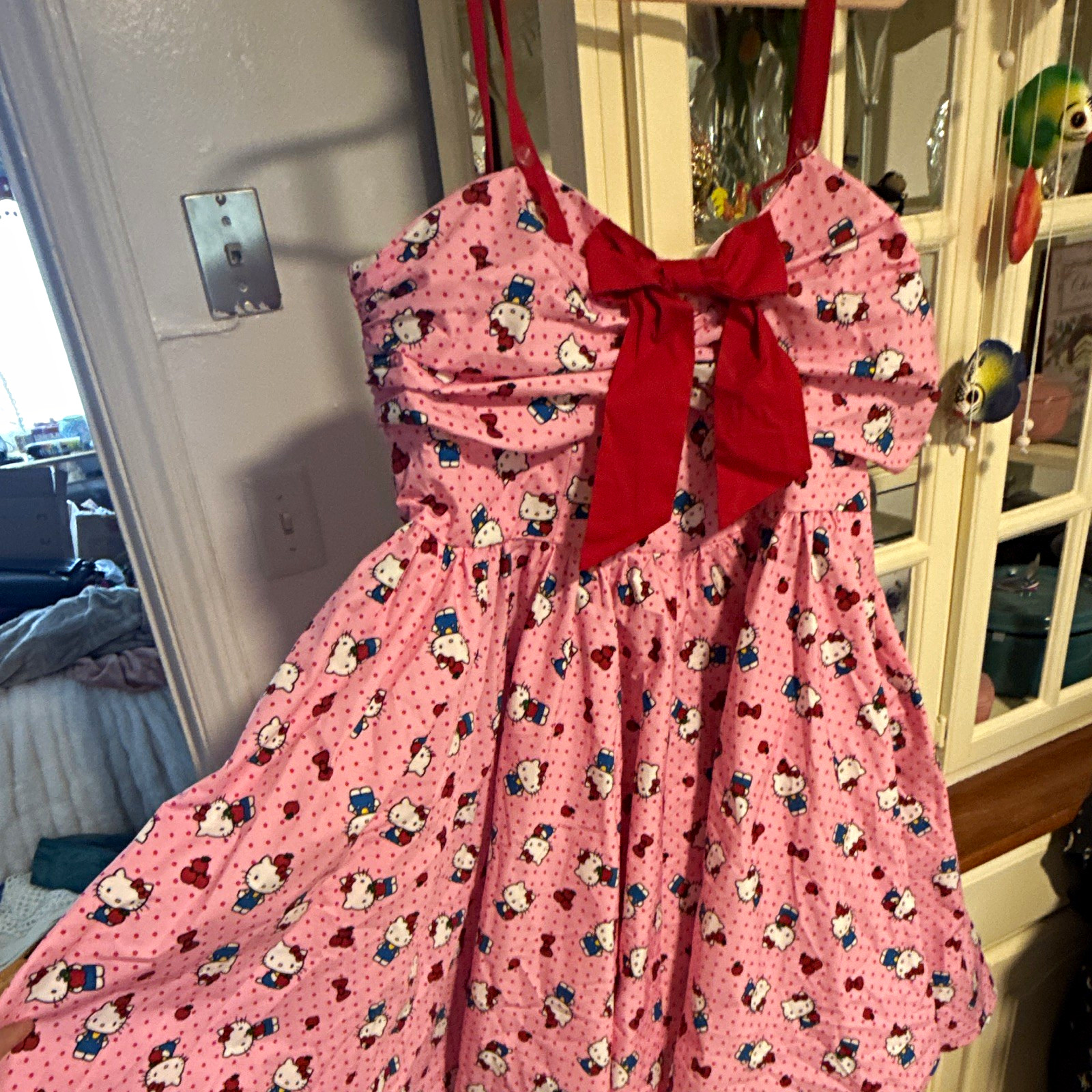 Unique Vintage Hello Kitty Plus 4X Pink/Red Polka Dot Bow Strapless Zip Dress