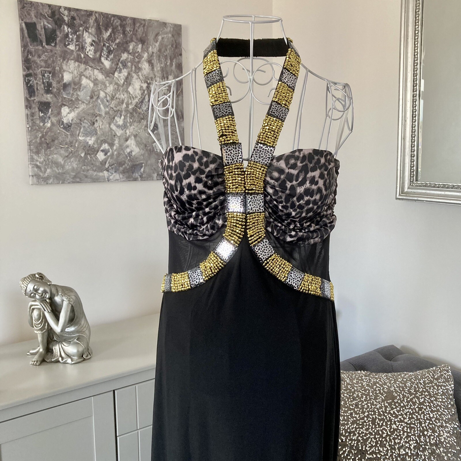 Grey Black Leopard Print Halter Prom Ball Cocktail Occasion Maxi Dress S 8-10