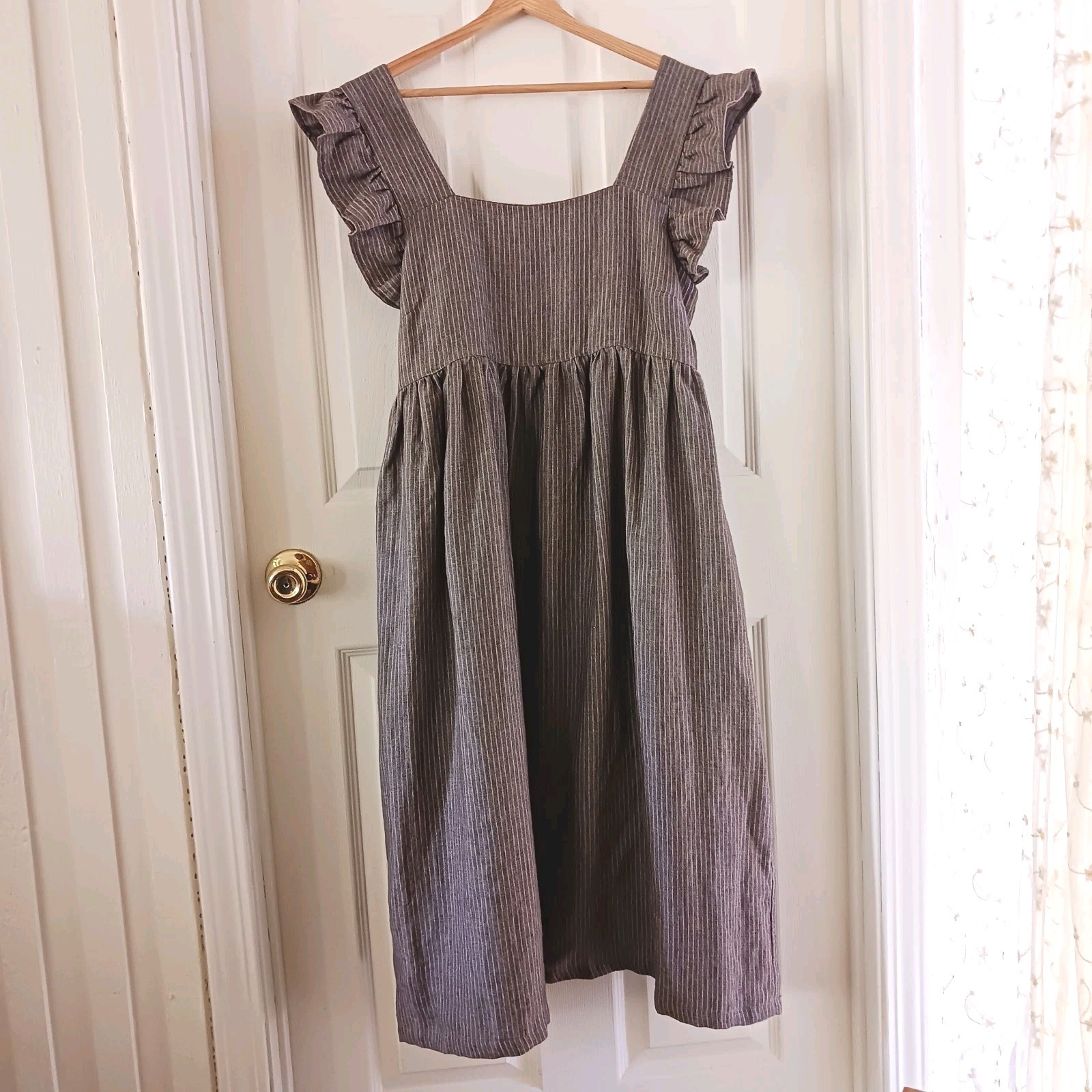 Simply Grey Dress Size M Flutter Sleeves Brown Pinstripe Cottagecore W/ Pockets