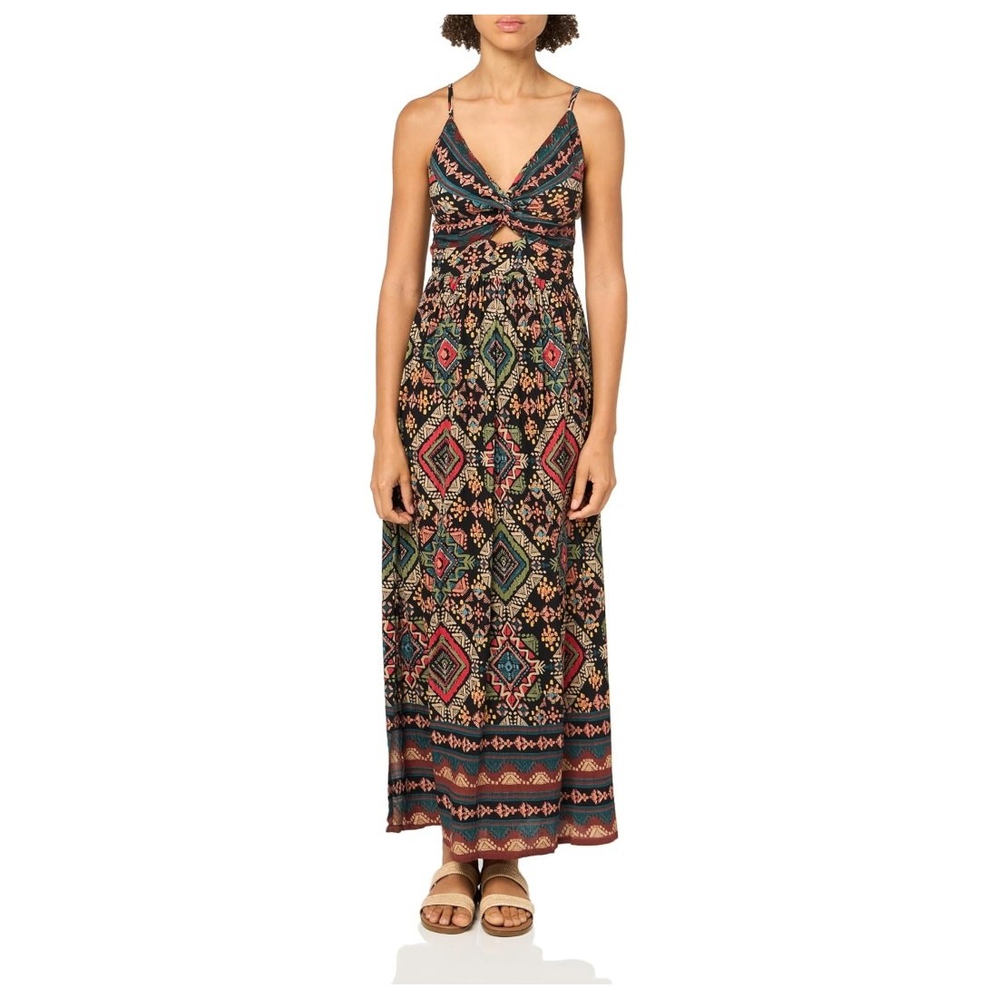 Angie Aztec Maxi Dress Womens Large Black Cut Out Twist Front Smocked Back Boho