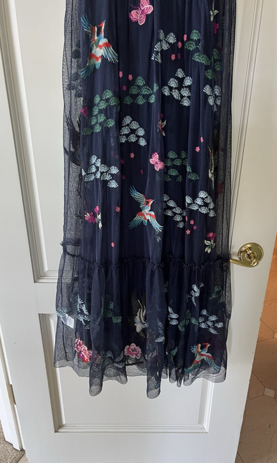 NWT $425 Johnny Was blue nights Zinoviah Mesh Dress & Slip embroidered floral S