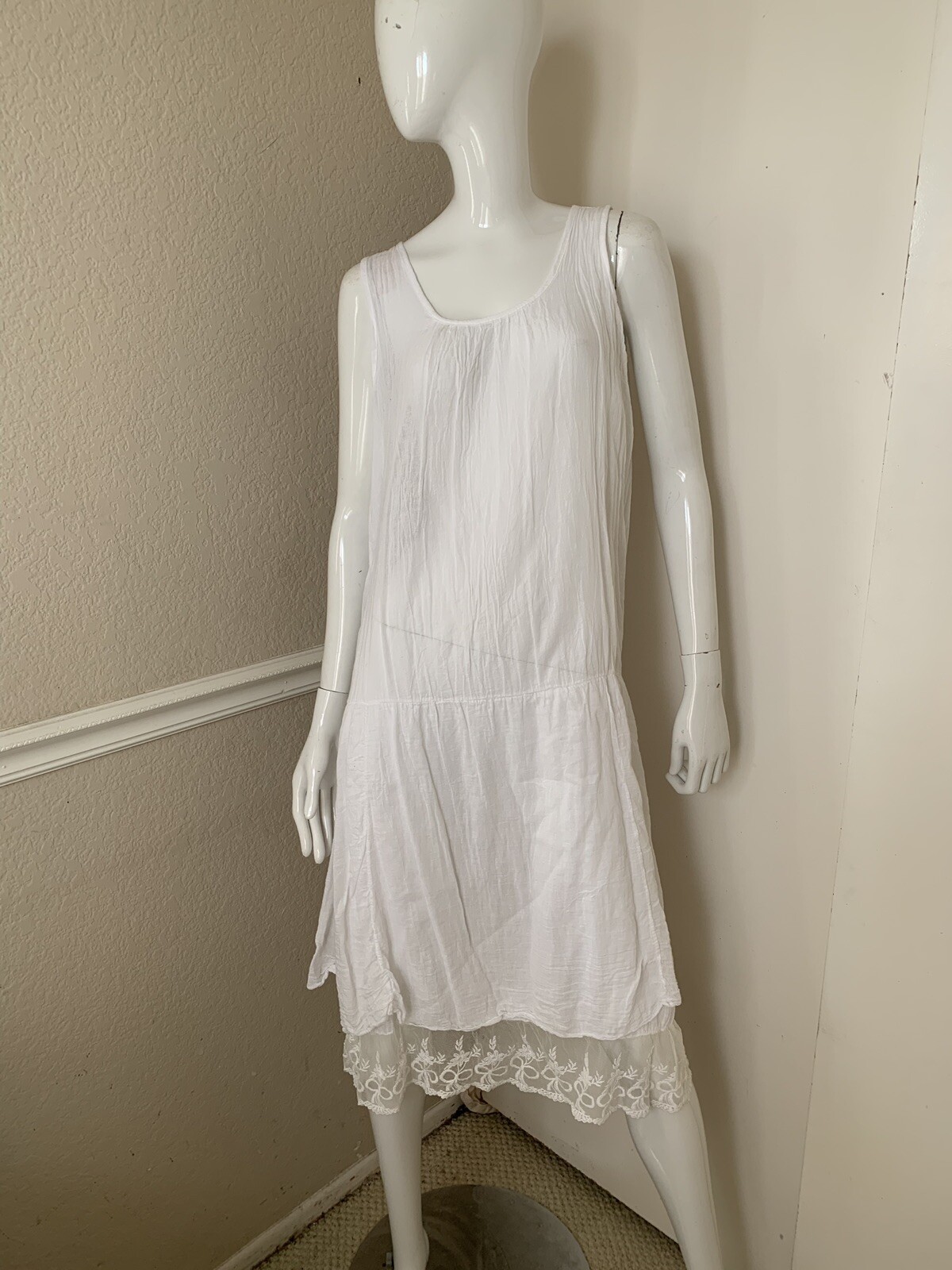 MADE IN ITALY NEW! White 100% Gauzy Cotton Sheer Lace Trimmed Shift Dress O/S