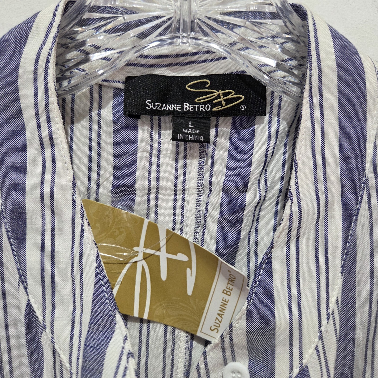 Button Down Dress Blue Stripe Size Large Nwt Short Sleeve By Suzanne Betro