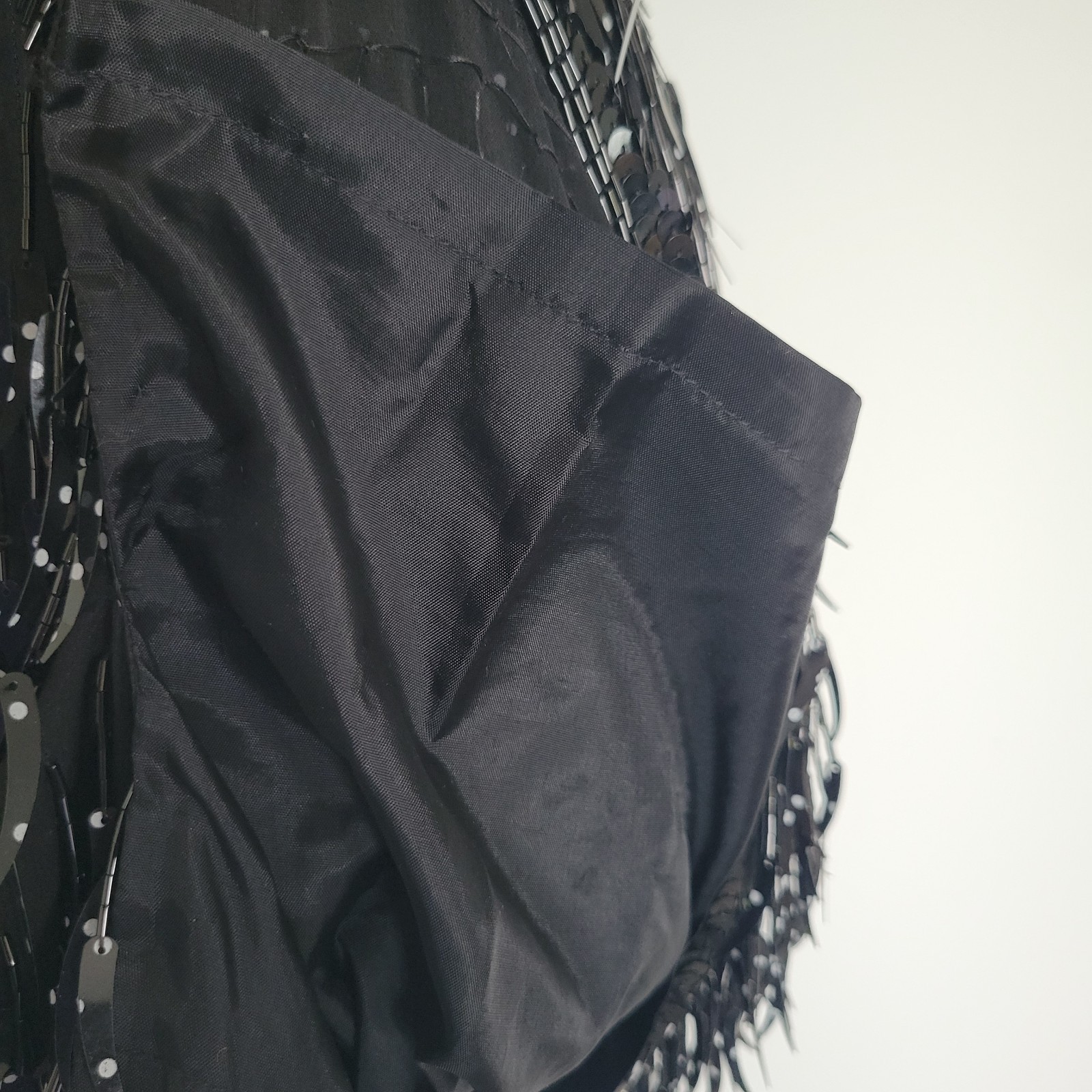 Vintage 100% Silk Black Polka Dots Sequined Beaded Fringe V-neck Dress Sz Medium