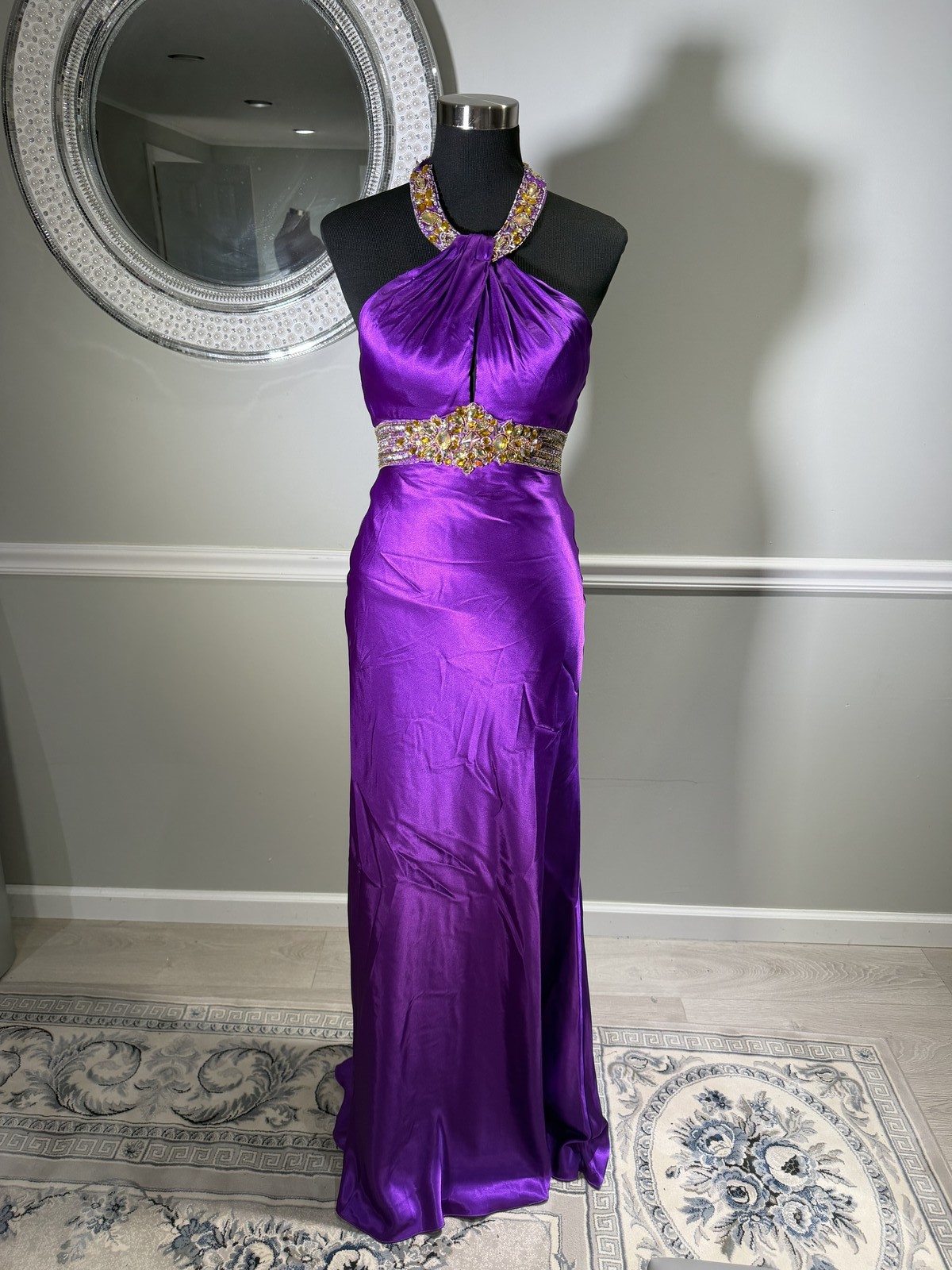 Purple Satin Formal Gown Crystal Embellished Waist Size 2