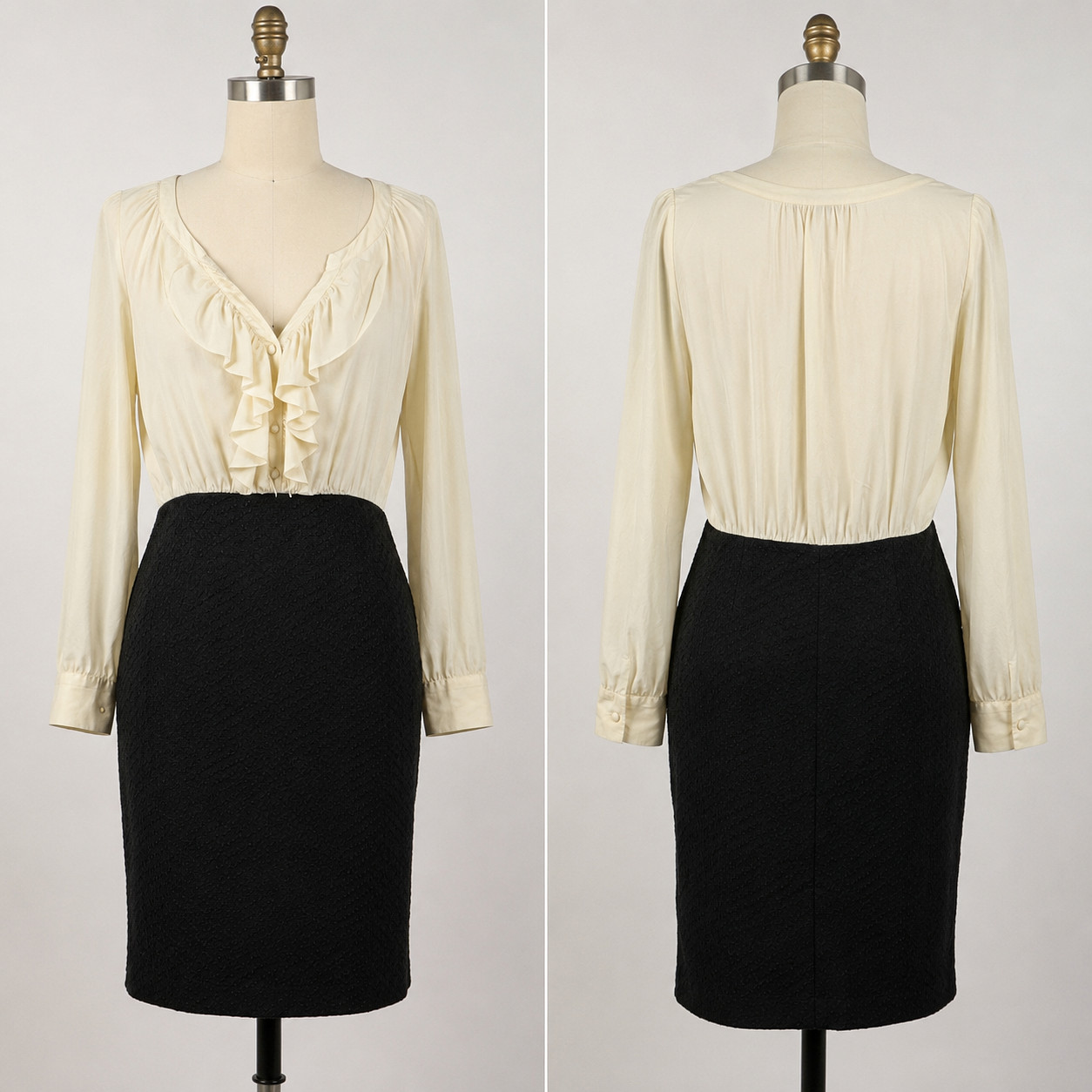 LOFT Size 6 Black Ivory Ruffle Dress Coquette Dark Academia Secretary Chic