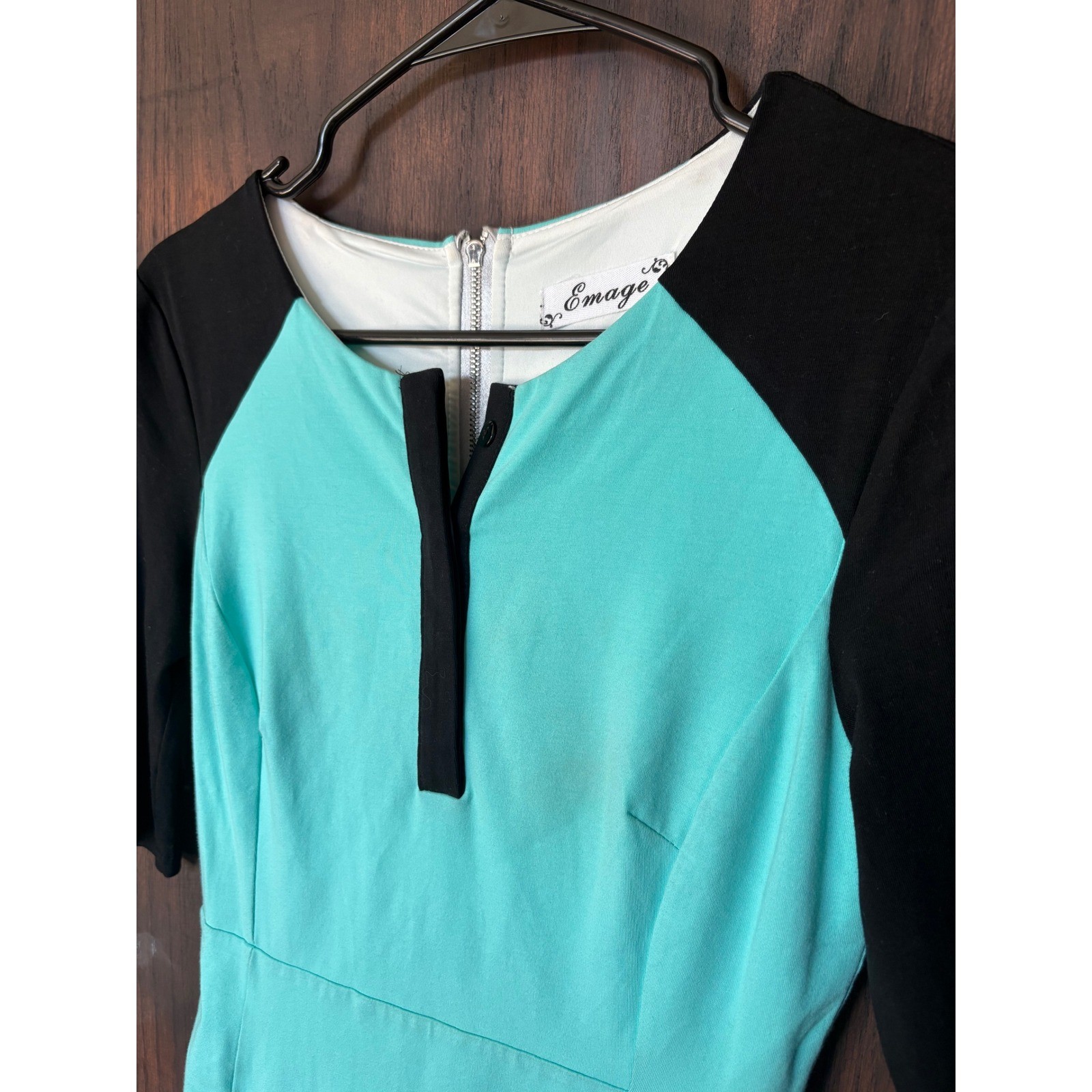 Emage Womens Colorblock Sheath Dress Teal Black Exposed Back Zipper Size S