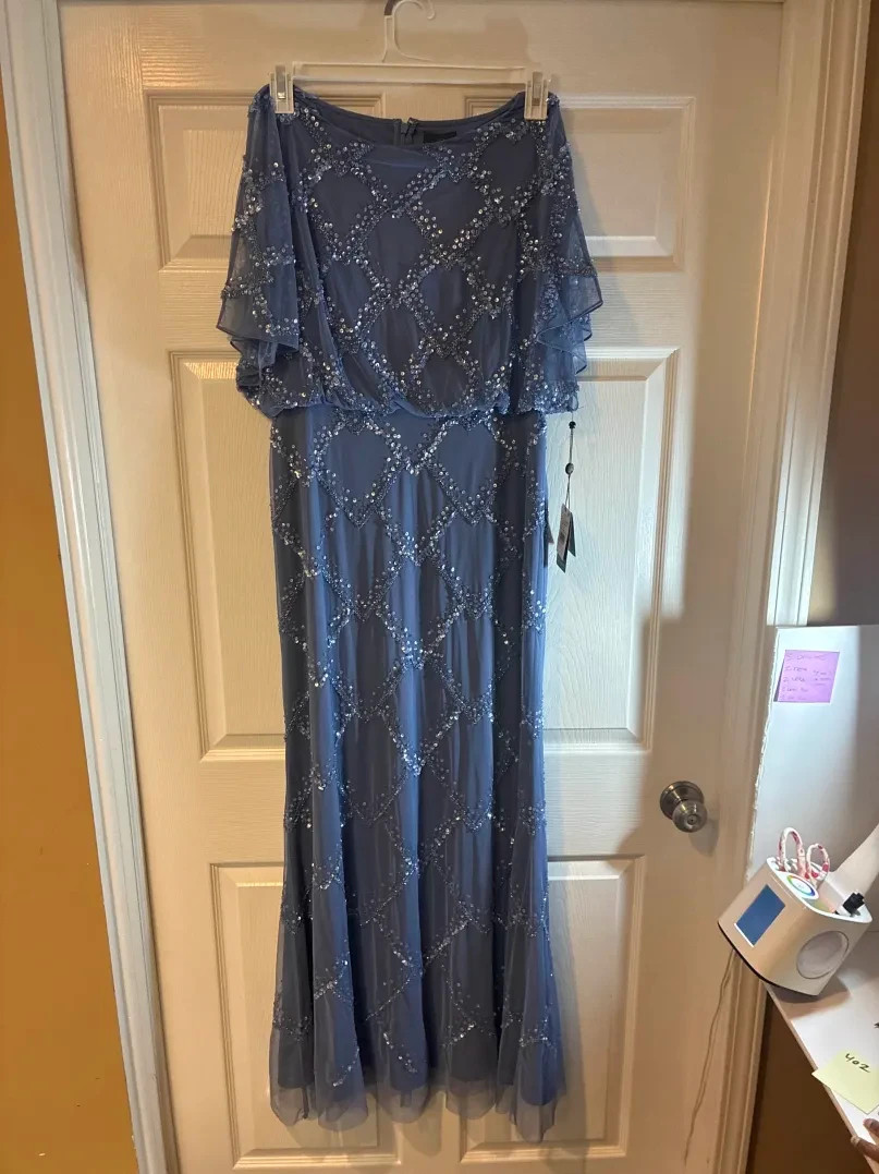 ADRIANNA PAPELL Hand-Beaded Blouson Gown With Flutter Sleeves In French Blue Sz8