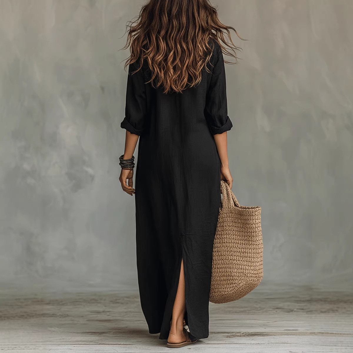 Long-sleeve Maxi Dress Casual Solid Color Lapel Collar Side Slit Beach Dresses W