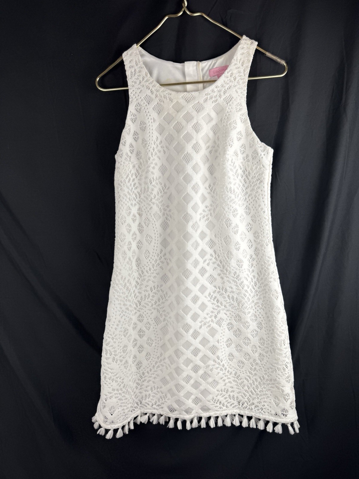 Lilly Pulitzer White Dress Sz S Crochet Lace Fringe Short Travel Beach Party