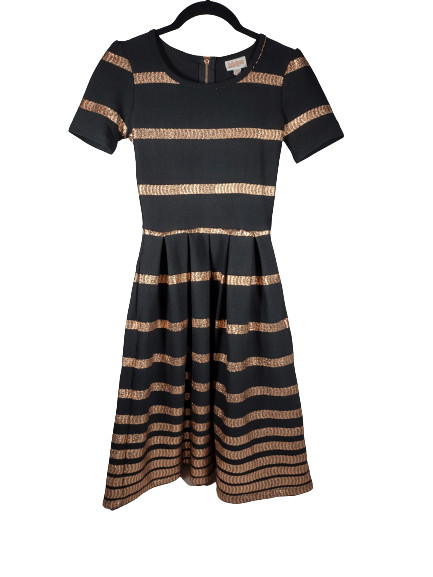 LuLaRoe Amelia Dress Black and Copper Striped XXS 0-00 Party Christmas New Years