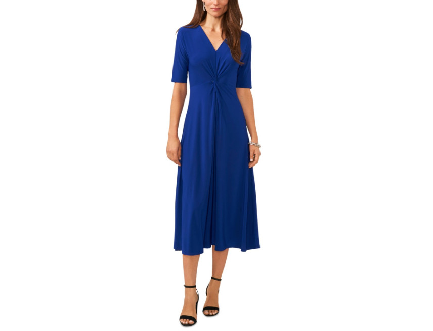 Msk Women’s V-Neck Twist-Front Elbow-Sleeve MIDI Dress – Goddess Blue Size L