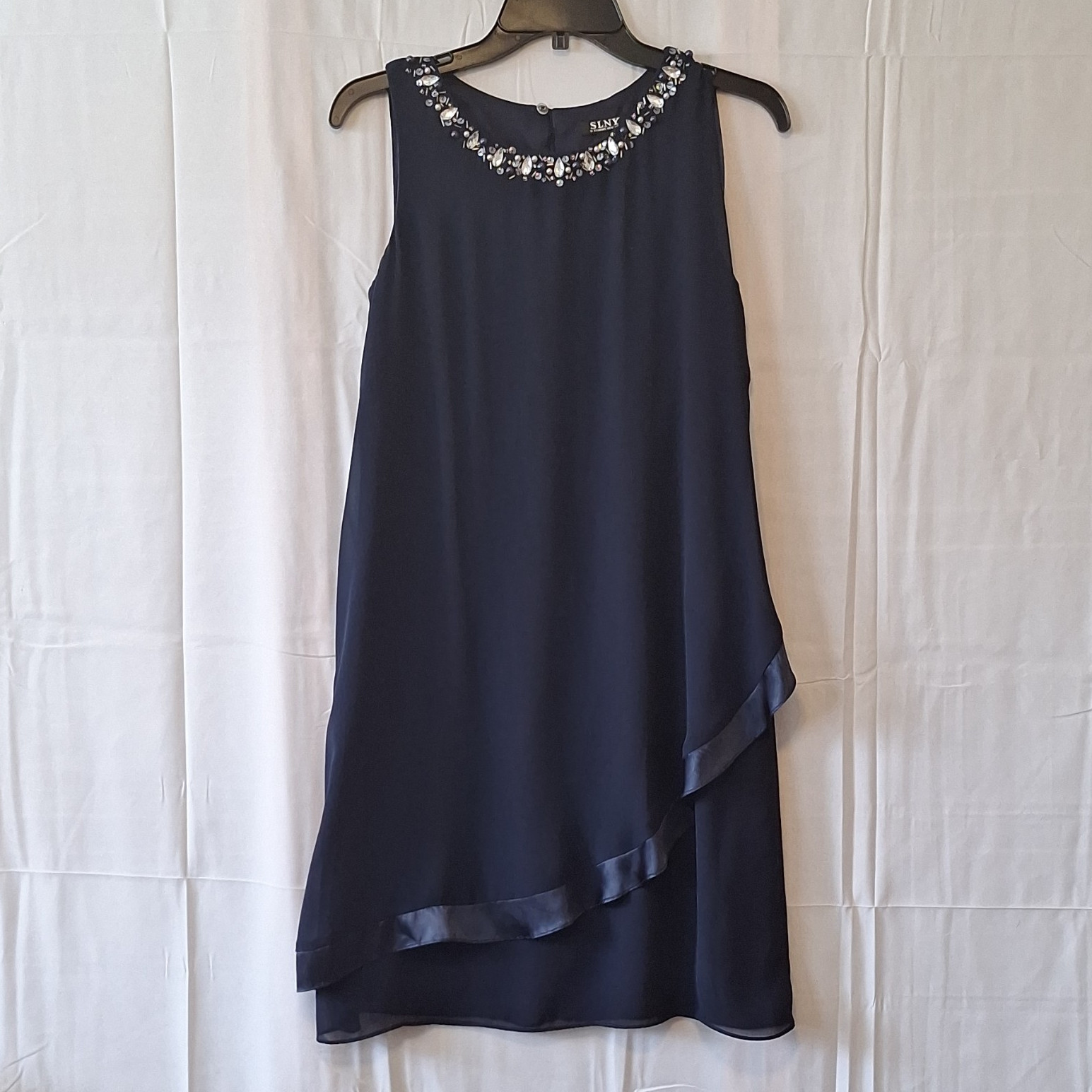 Sz 8 SLNY Navy Shift Knee Dress Round Neck Sleeveless Chiffon Beaded Lined