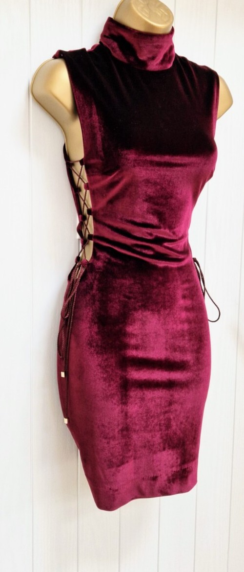HOUSE OF CB Sukina Mulberry Velvet High Neck Laced Mini Evening Dress S UK 8 10