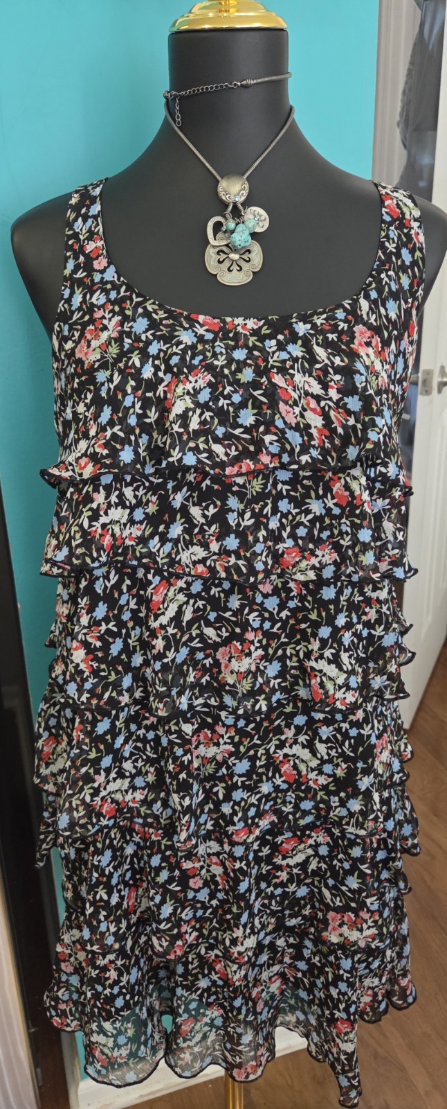 Xhilaration Black Multicolor Floral Ruffle Layered Scoop Neck Mini Dress M