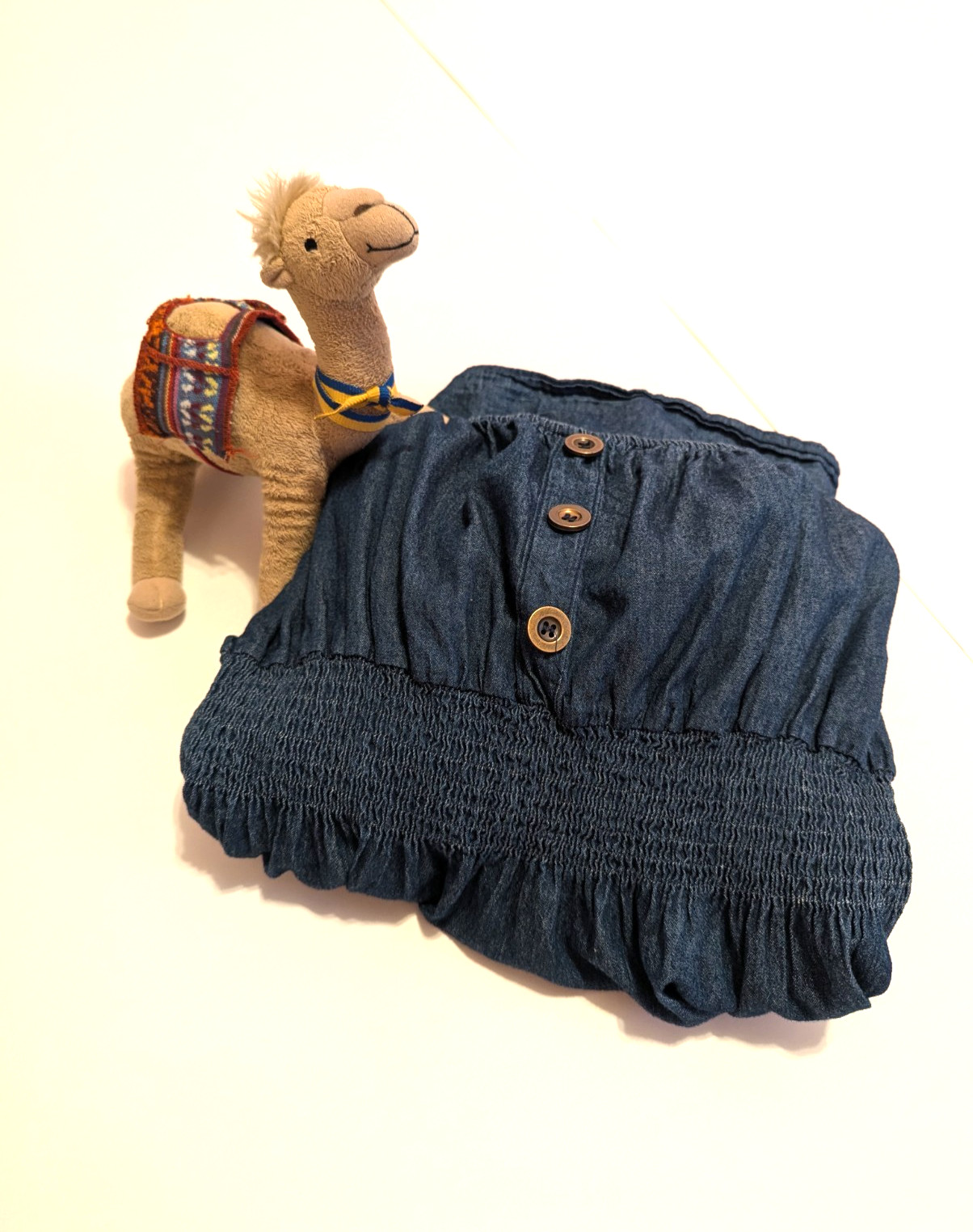 Indigo & Lace Chambray Denim Tiered Dress Smocked Waist Puff Sleeve Women’s L
