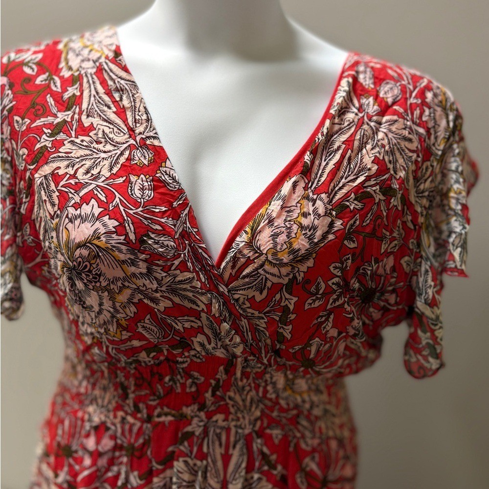 Le Raganne Silk Blend Red Floral Midi Dress