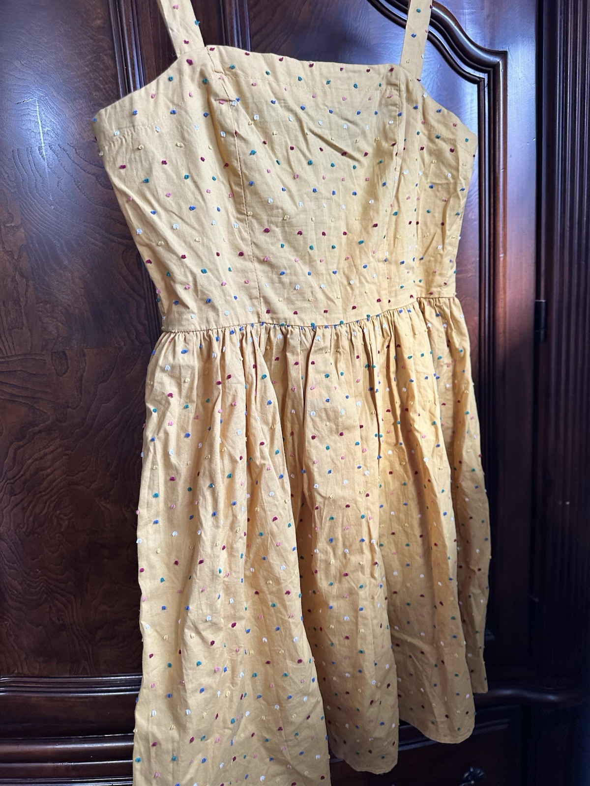 Mustard Yellow Polka Dot Sundress A-Line Cottagecore Indie Retro Mini Dress (M)