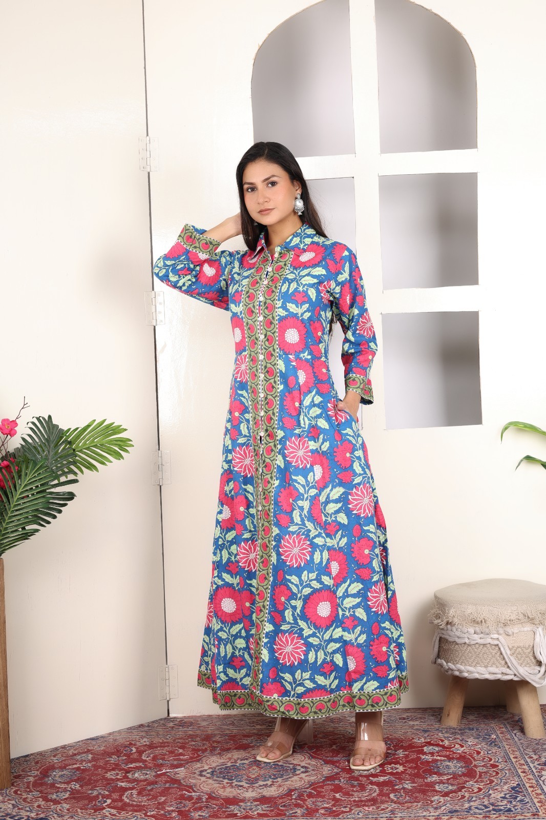 Hand Block Printed Cotton Dress, Floral Print Women Long Dress, Summer Dresses