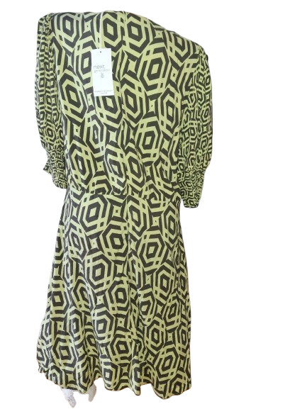 NWT Next Generation Olive Green Geometric Viscose Midi Dress Drop Waist Size UK