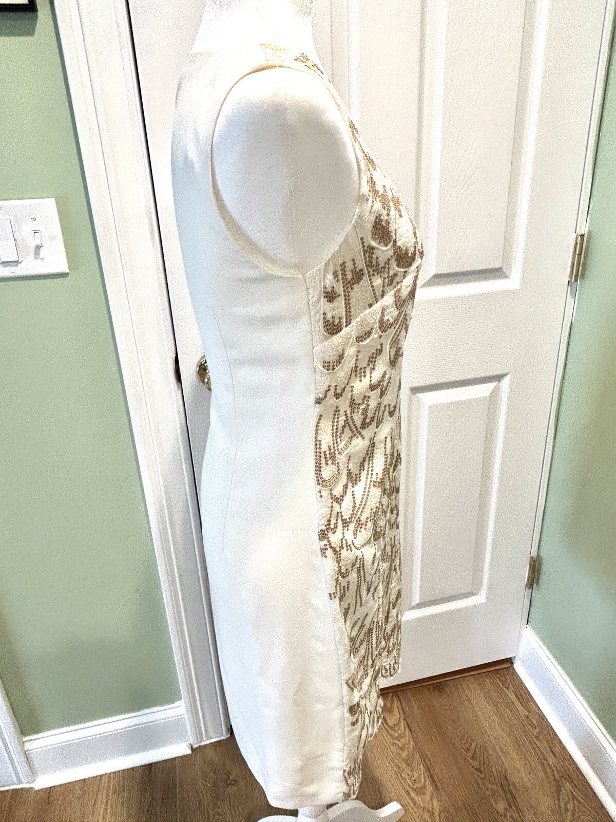 Monsoon UK Ivory Gold Cascading Sequins Shift Dress Size 4 Summer Cocktail Party