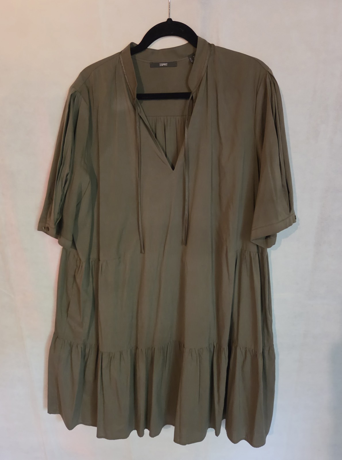 Esprit Olive Khaki Green Split Sleeve Tiered Babydoll Shift Dress Size US 14