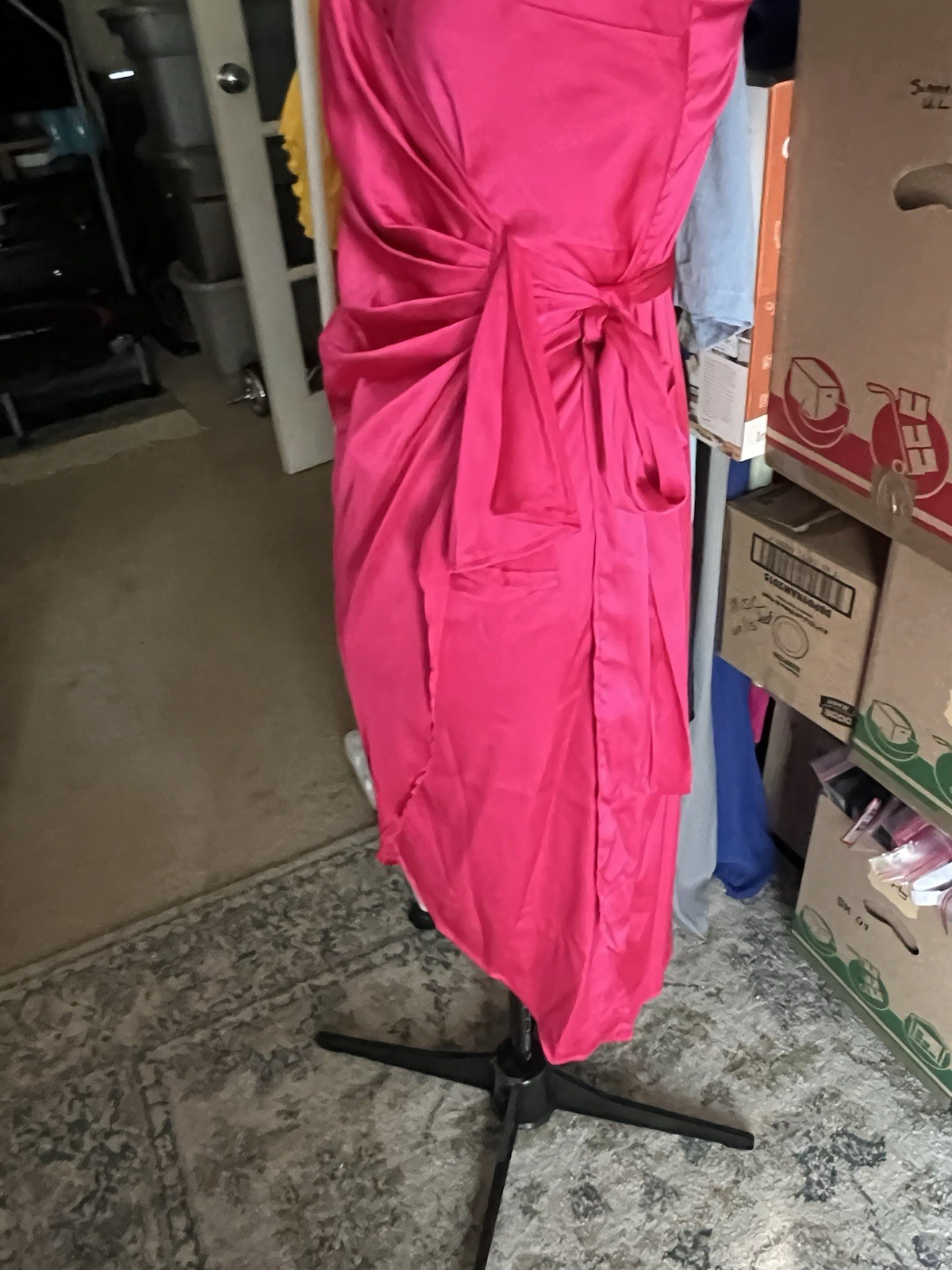 Womens Spaghetti Strap Cross Back Pleated Satin Wrap Dress. Medium