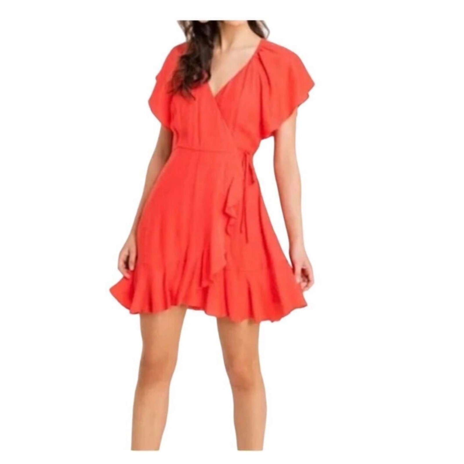 Lush Hot Coral Floaty Ruffled Wrap Dress Small Red